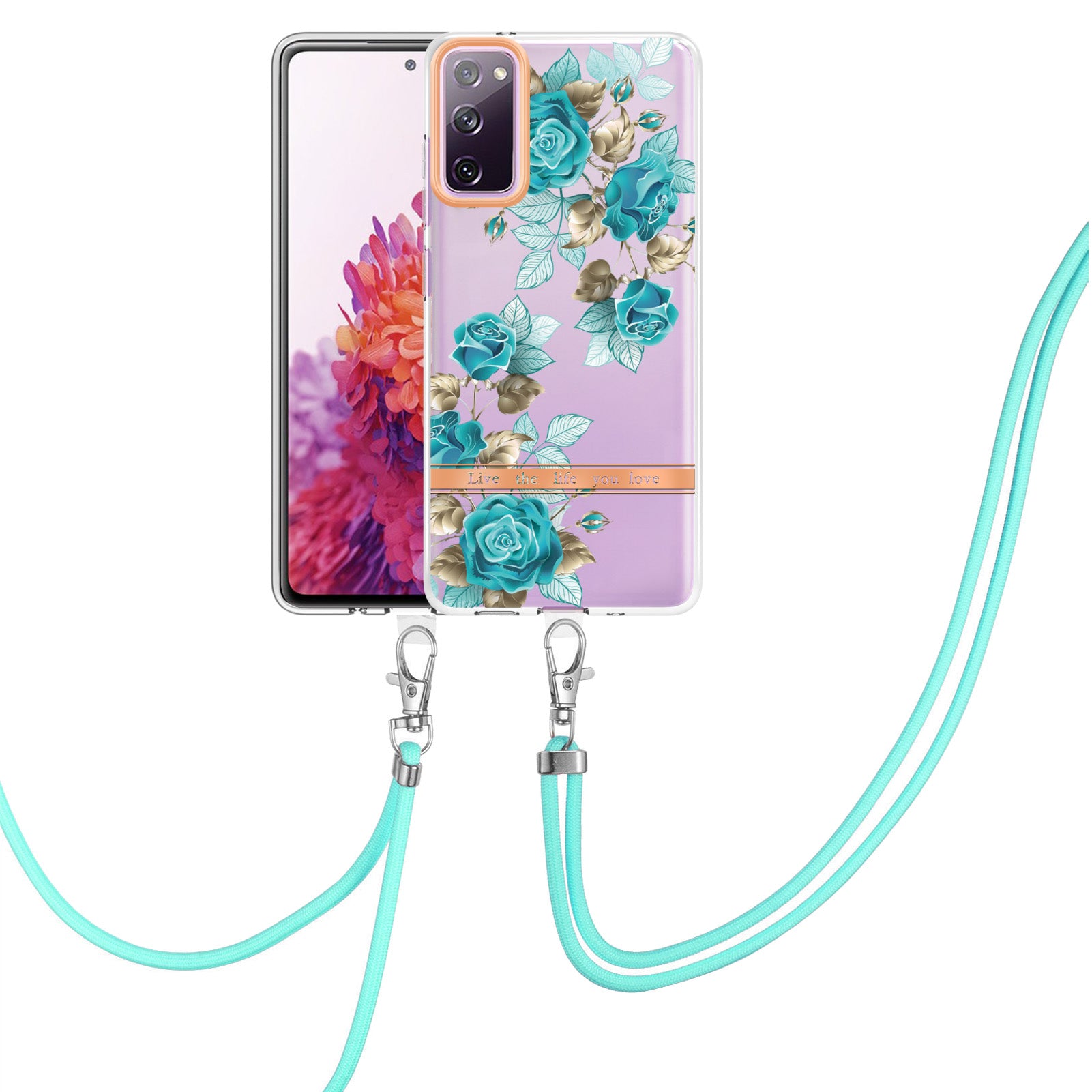 For Samsung Galaxy S20 FE 2022/S20 FE/S20 FE 5G /S20 Lite/S20 Fan Edition/S20 Fan Edition 5G YB IMD-9 Series Flower Pattern TPU Case Lanyard IMD IML Electroplating Phone Cover - HC002 Blue Rose