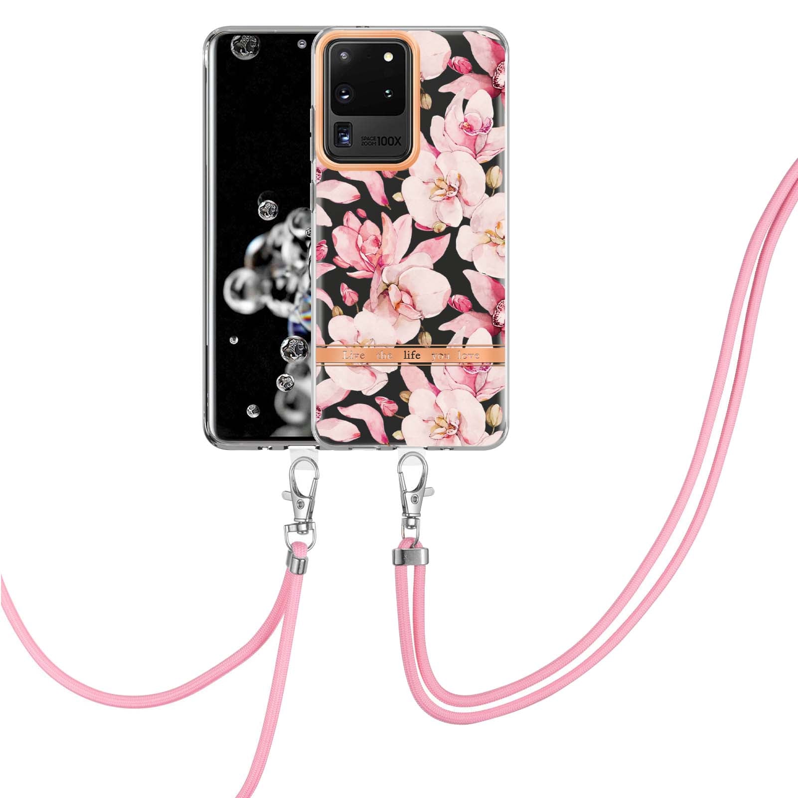 YB IMD Series TPU Phone Case for Samsung Galaxy S20 Ultra, Electroplated Flower Patterns IMD IML Phone Protective Cover - HC005 Pink Gardenia