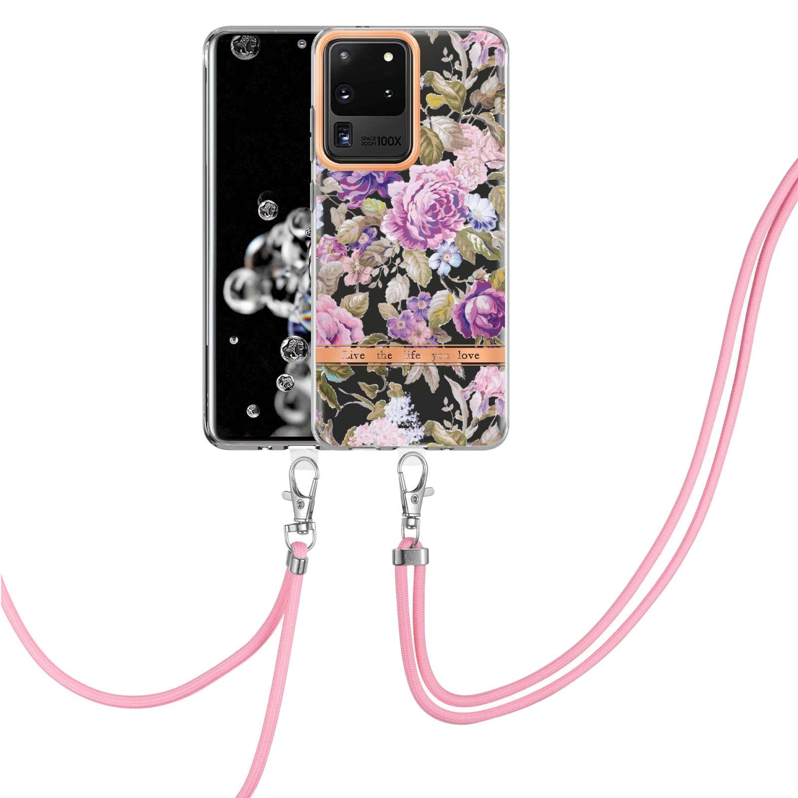 YB IMD Series TPU Phone Case for Samsung Galaxy S20 Ultra, Electroplated Flower Patterns IMD IML Phone Protective Cover - HC006 Purple Peony