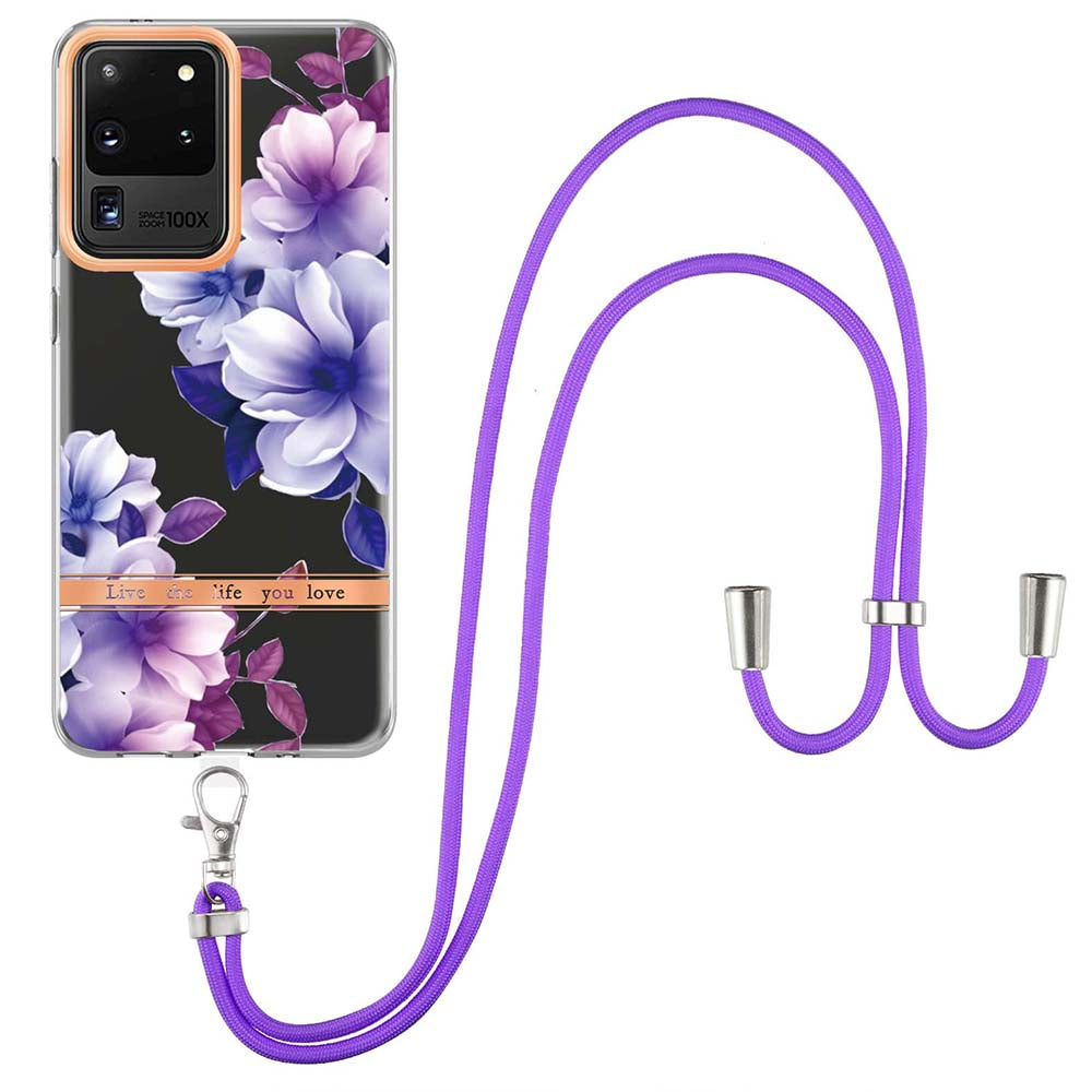 YB IMD Series TPU Phone Case for Samsung Galaxy S20 Ultra, Electroplated Flower Patterns IMD IML Phone Protective Cover - HC004 Purple Begonia