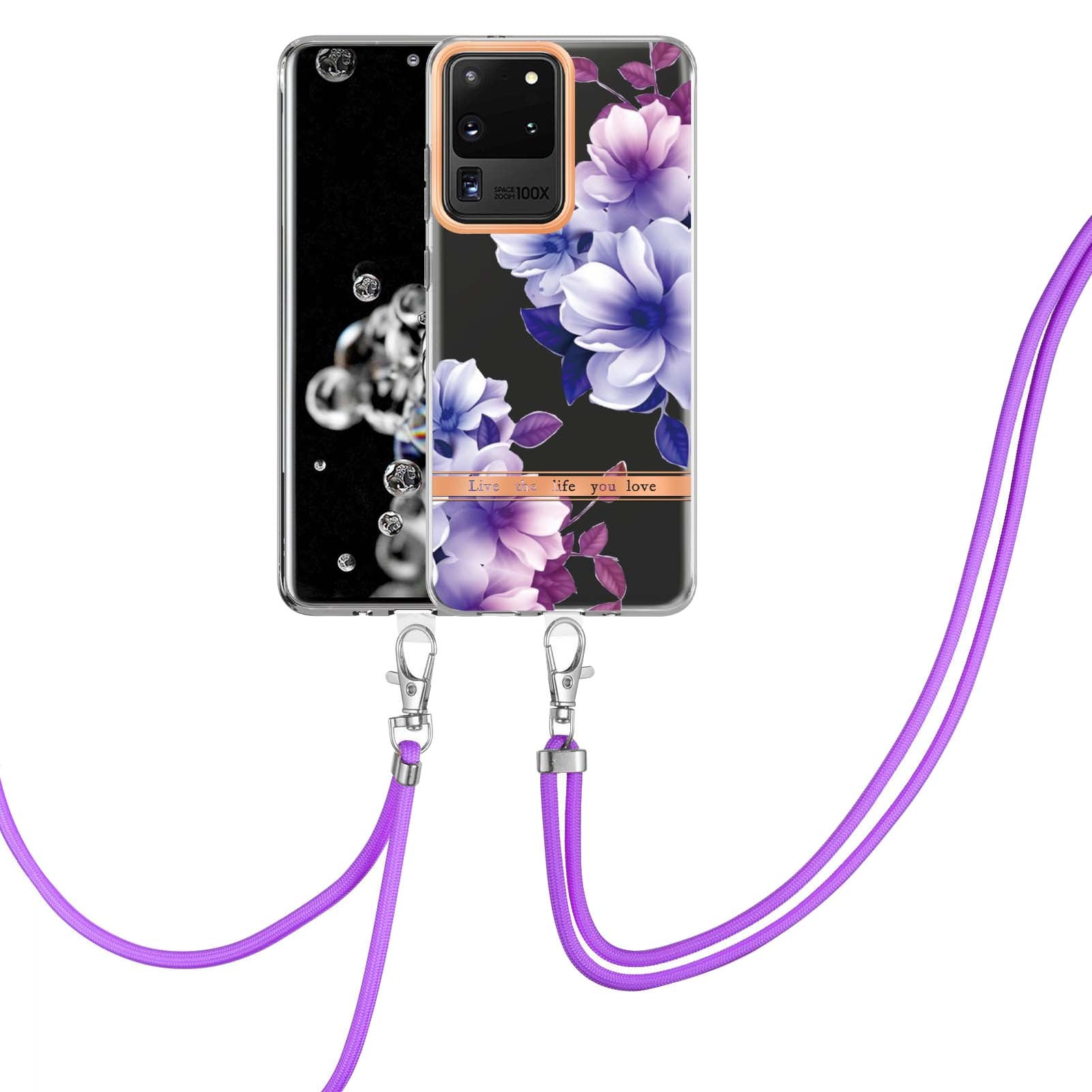 YB IMD Series TPU Phone Case for Samsung Galaxy S20 Ultra, Electroplated Flower Patterns IMD IML Phone Protective Cover - HC004 Purple Begonia