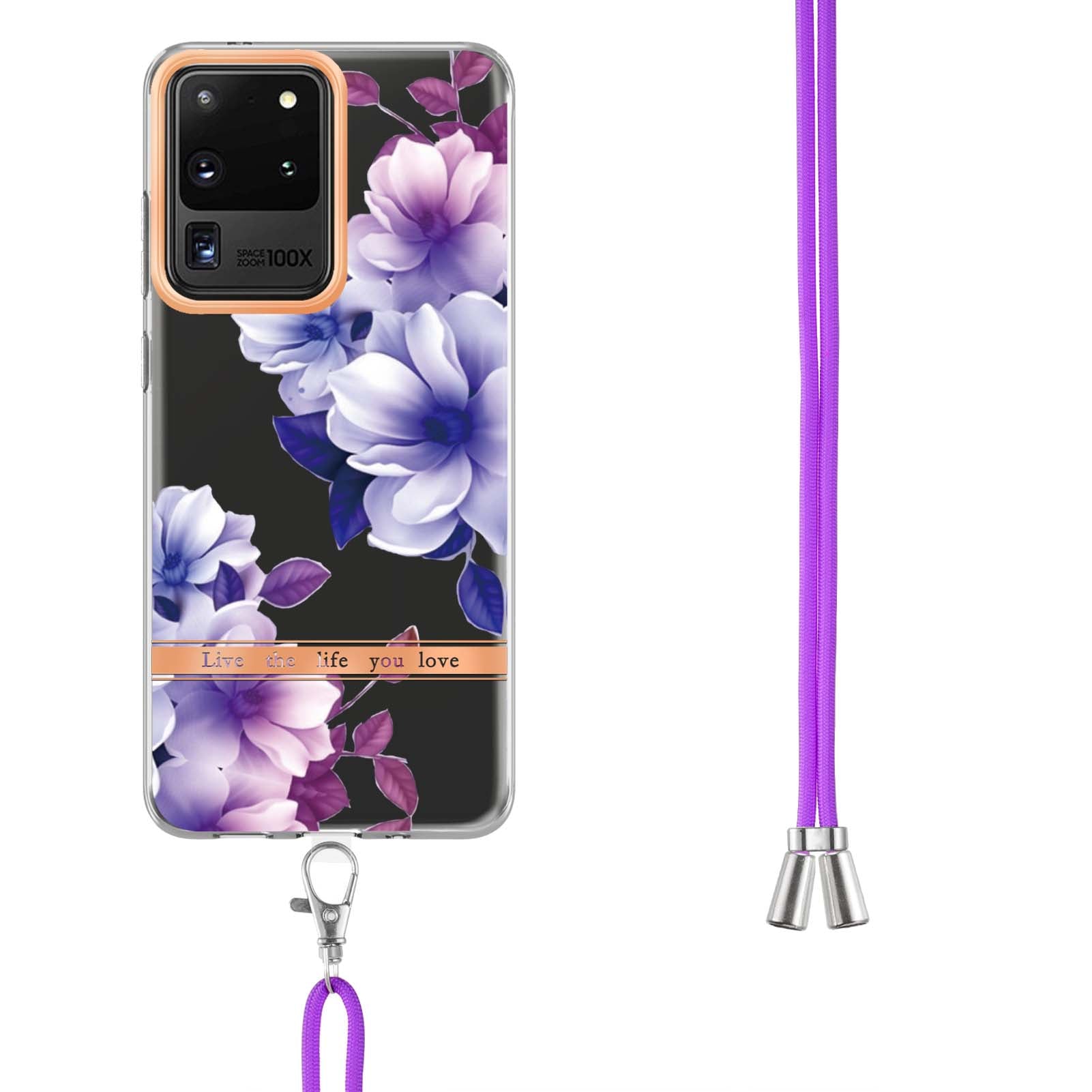 YB IMD Series TPU Phone Case for Samsung Galaxy S20 Ultra, Electroplated Flower Patterns IMD IML Phone Protective Cover - HC004 Purple Begonia