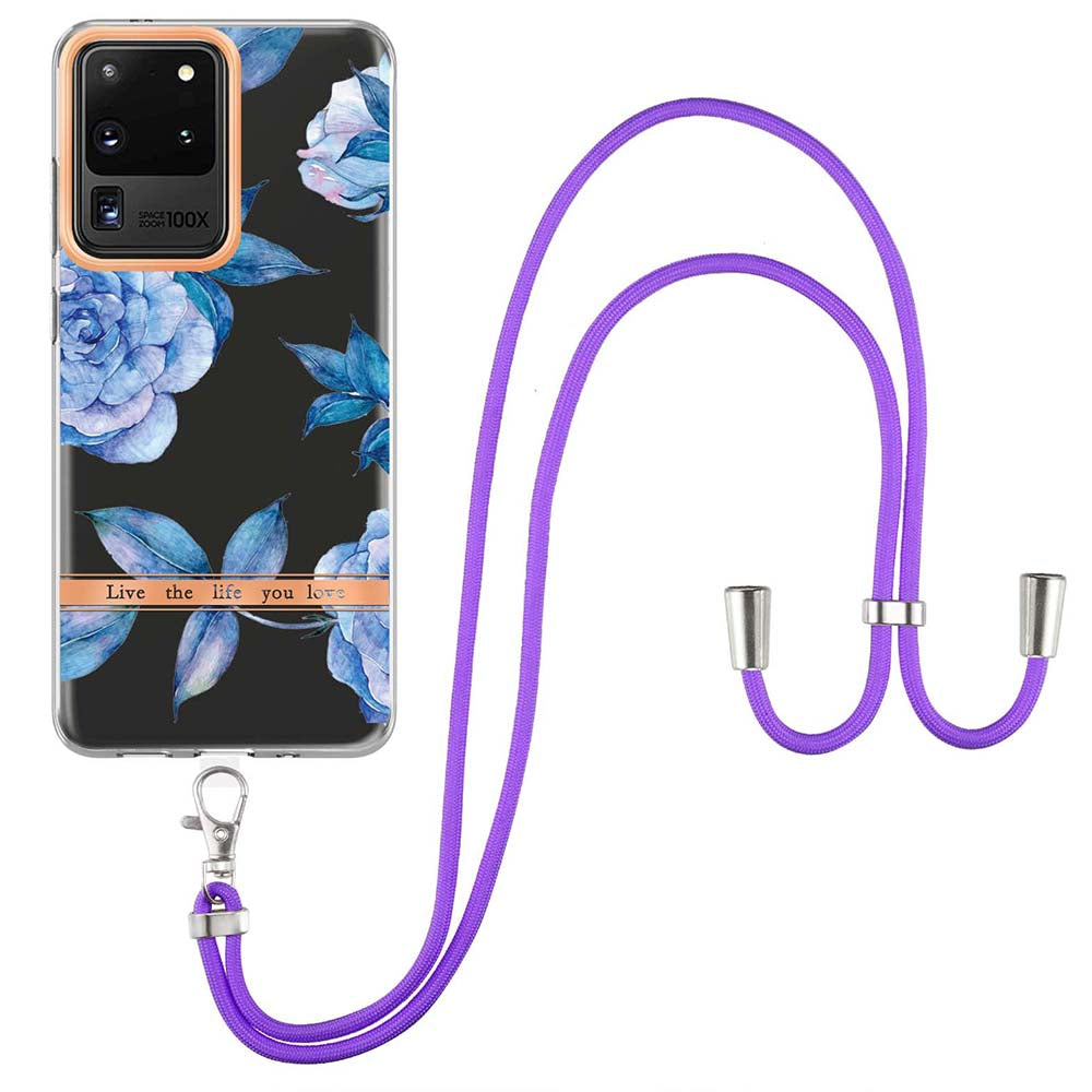 YB IMD Series TPU Phone Case for Samsung Galaxy S20 Ultra, Electroplated Flower Patterns IMD IML Phone Protective Cover - HC003 Blue Peony