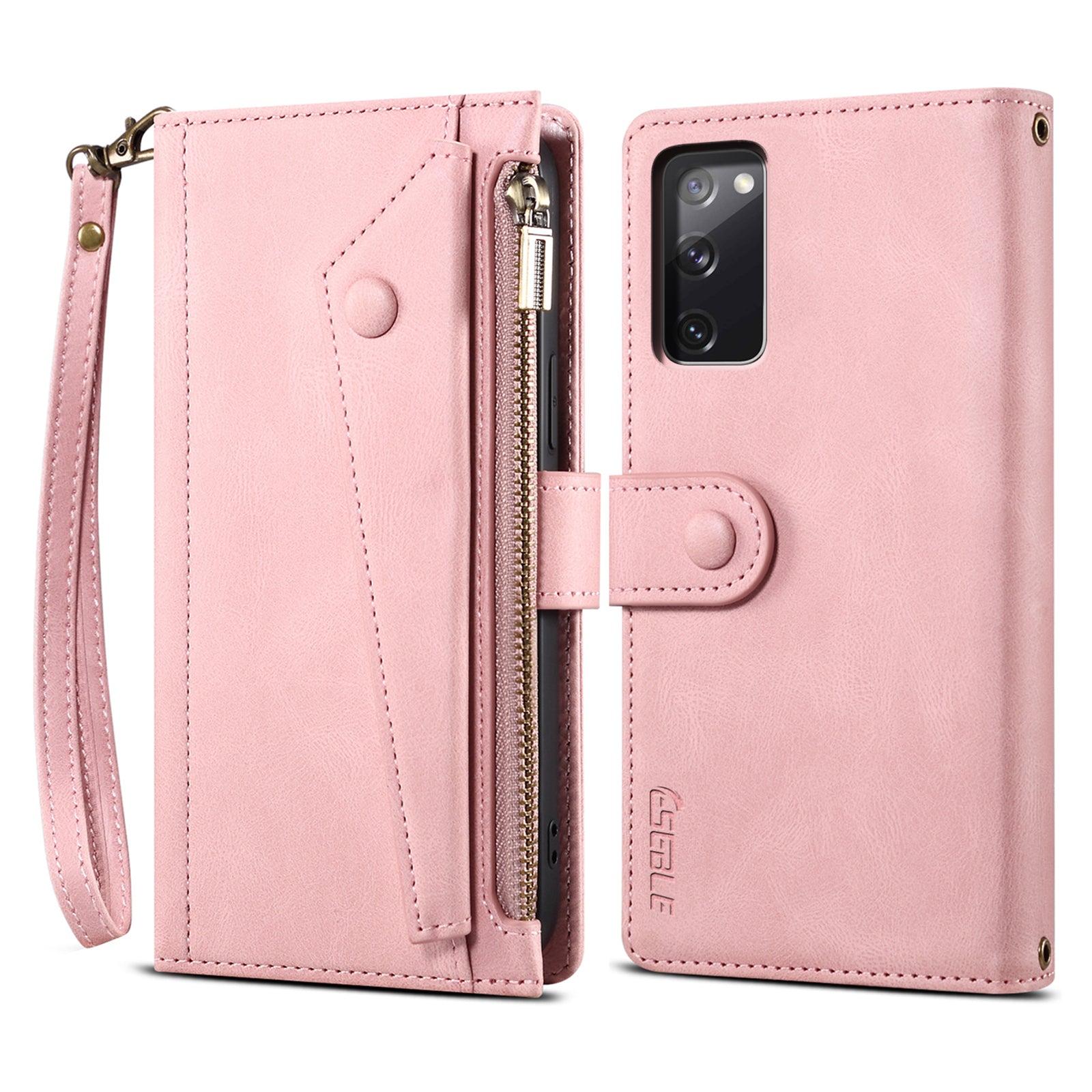 ESEBLE For Samsung Galaxy S20 FE 5G Anti-scratch Cell Phone Cover Zipper Pocket Wallet Stand Shockproof Phone Case Bag with Wrist Strap - Pink