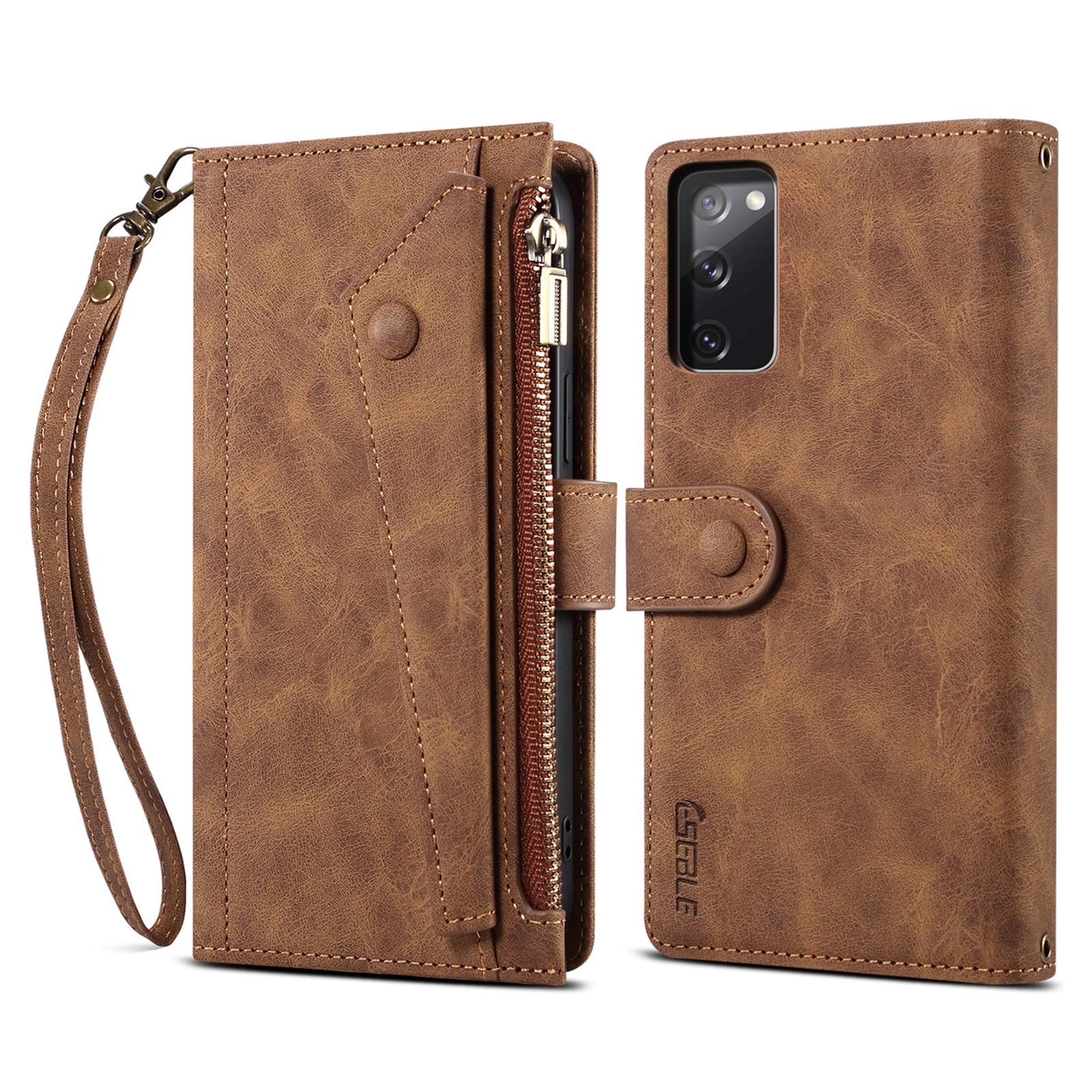 ESEBLE For Samsung Galaxy S20 FE 5G Anti-scratch Cell Phone Cover Zipper Pocket Wallet Stand Shockproof Phone Case Bag with Wrist Strap - Brown