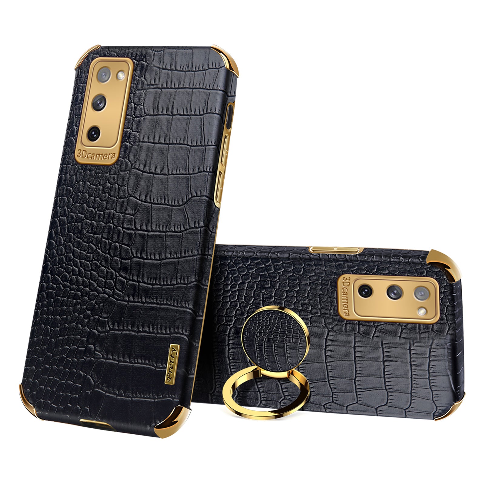 For Samsung Galaxy S20 FE 2022/S20 FE/S20 FE 5G/S20 Lite Crocodile Texture 6D Electroplated PU Leather Coated TPU Phone Case Cover with Ring Kickstand - Black