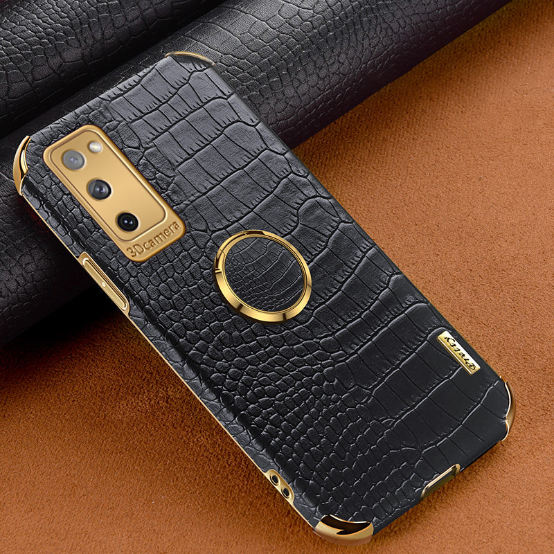 For Samsung Galaxy S20 FE 2022/S20 FE/S20 FE 5G/S20 Lite Crocodile Texture 6D Electroplated PU Leather Coated TPU Phone Case Cover with Ring Kickstand - Black