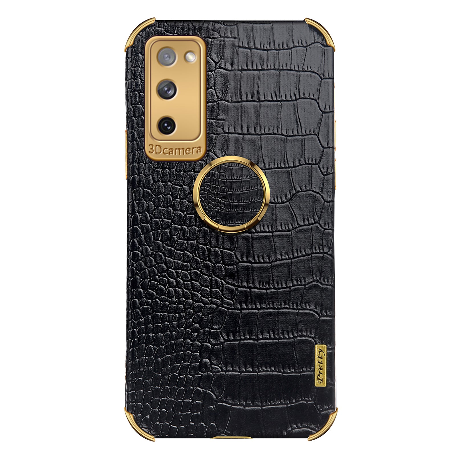 For Samsung Galaxy S20 FE 2022/S20 FE/S20 FE 5G/S20 Lite Crocodile Texture 6D Electroplated PU Leather Coated TPU Phone Case Cover with Ring Kickstand - Black