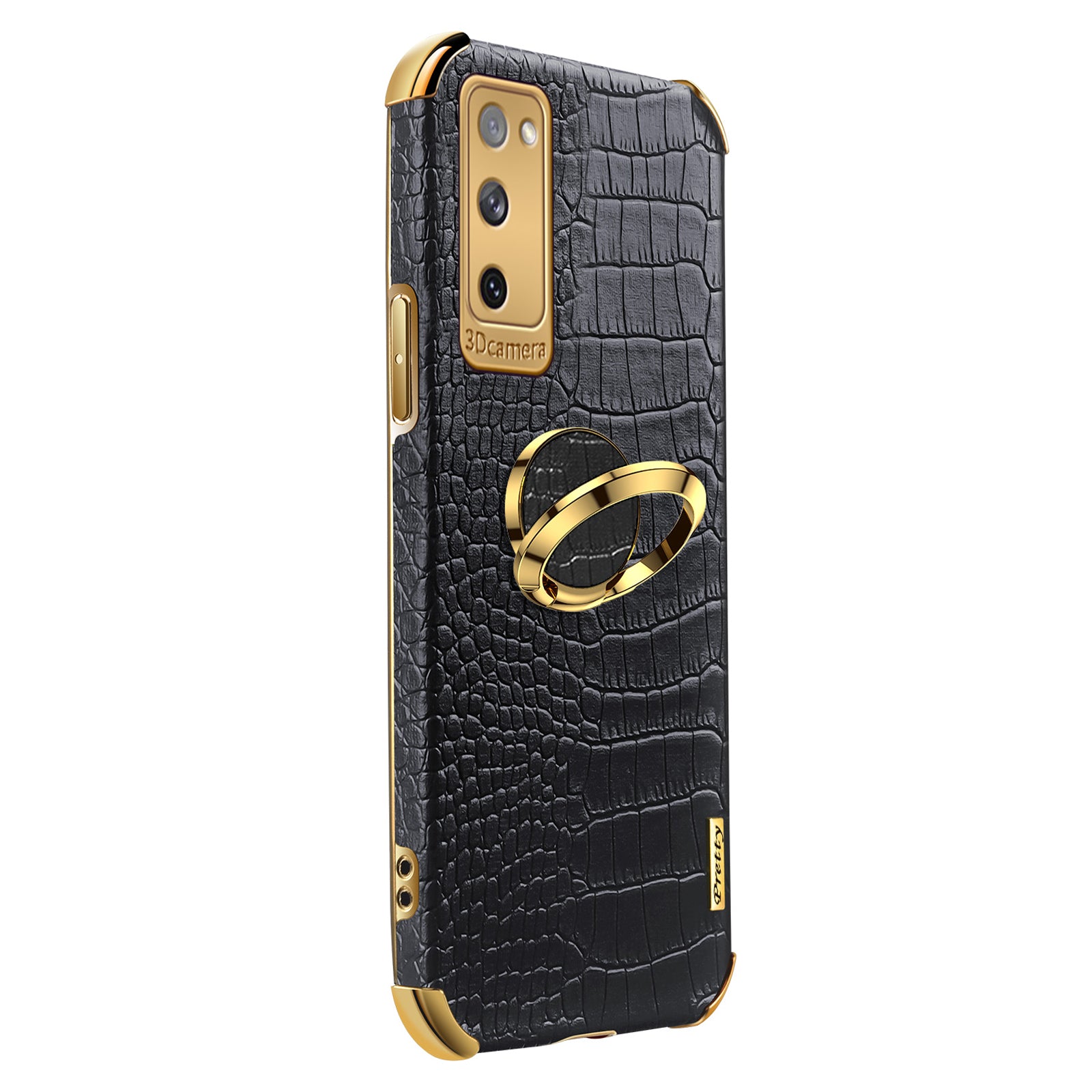 For Samsung Galaxy S20 FE 2022/S20 FE/S20 FE 5G/S20 Lite Crocodile Texture 6D Electroplated PU Leather Coated TPU Phone Case Cover with Ring Kickstand - Black