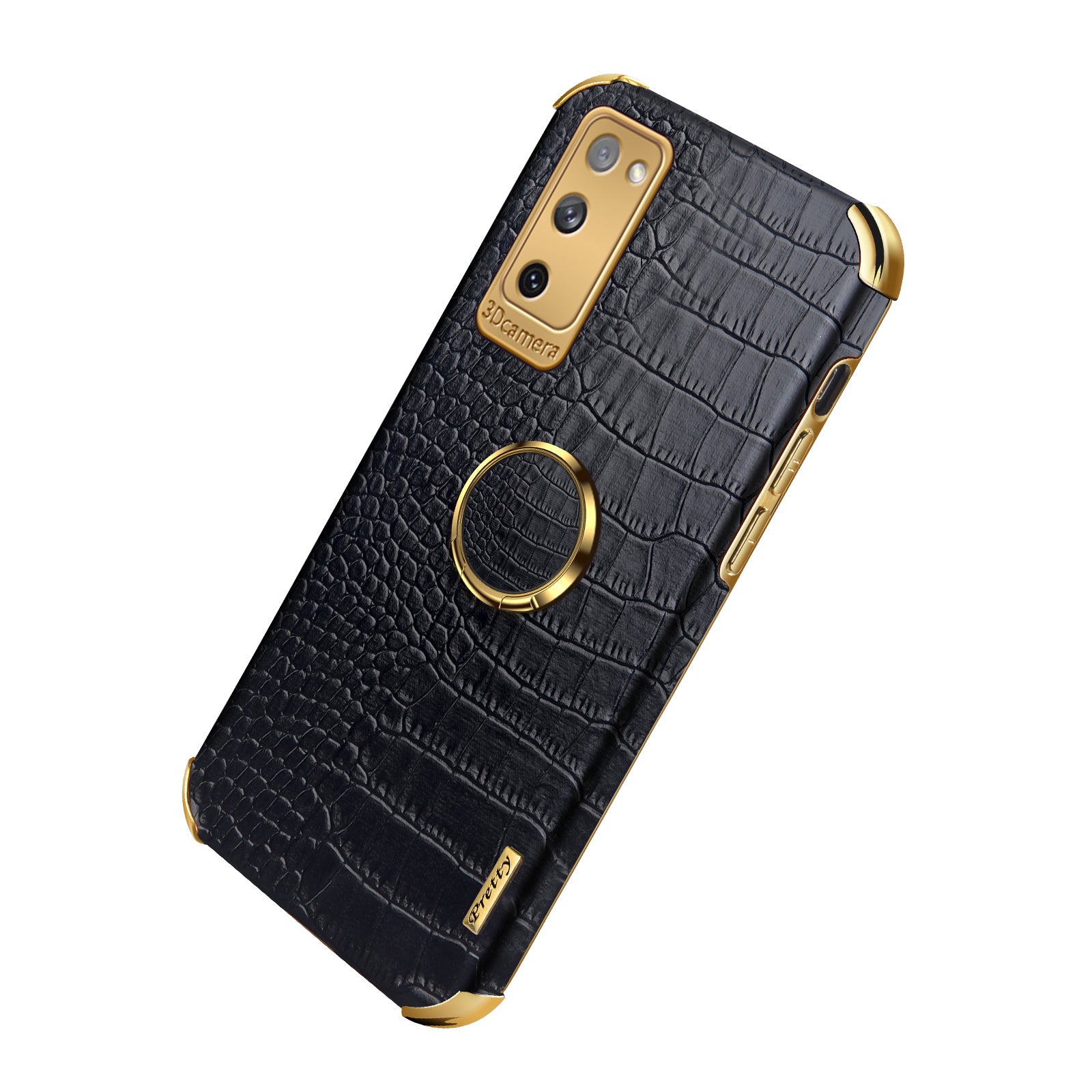 For Samsung Galaxy S20 FE 2022/S20 FE/S20 FE 5G/S20 Lite Crocodile Texture 6D Electroplated PU Leather Coated TPU Phone Case Cover with Ring Kickstand - Black