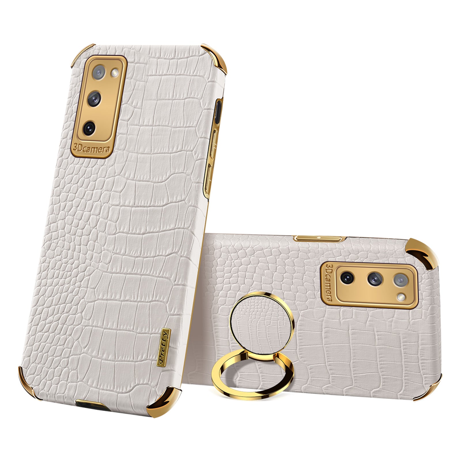 For Samsung Galaxy S20 FE 2022/S20 FE/S20 FE 5G/S20 Lite Crocodile Texture 6D Electroplated PU Leather Coated TPU Phone Case Cover with Ring Kickstand - White