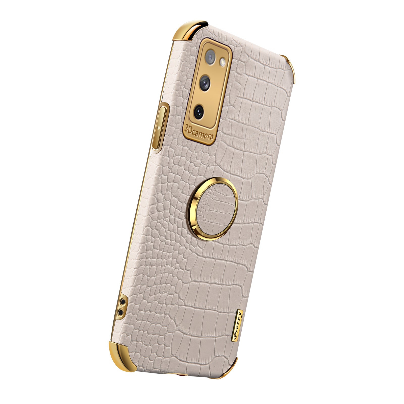 For Samsung Galaxy S20 FE 2022/S20 FE/S20 FE 5G/S20 Lite Crocodile Texture 6D Electroplated PU Leather Coated TPU Phone Case Cover with Ring Kickstand - White