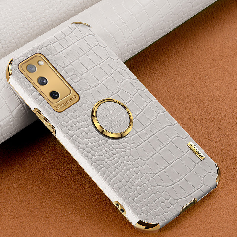 For Samsung Galaxy S20 FE 2022/S20 FE/S20 FE 5G/S20 Lite Crocodile Texture 6D Electroplated PU Leather Coated TPU Phone Case Cover with Ring Kickstand - White