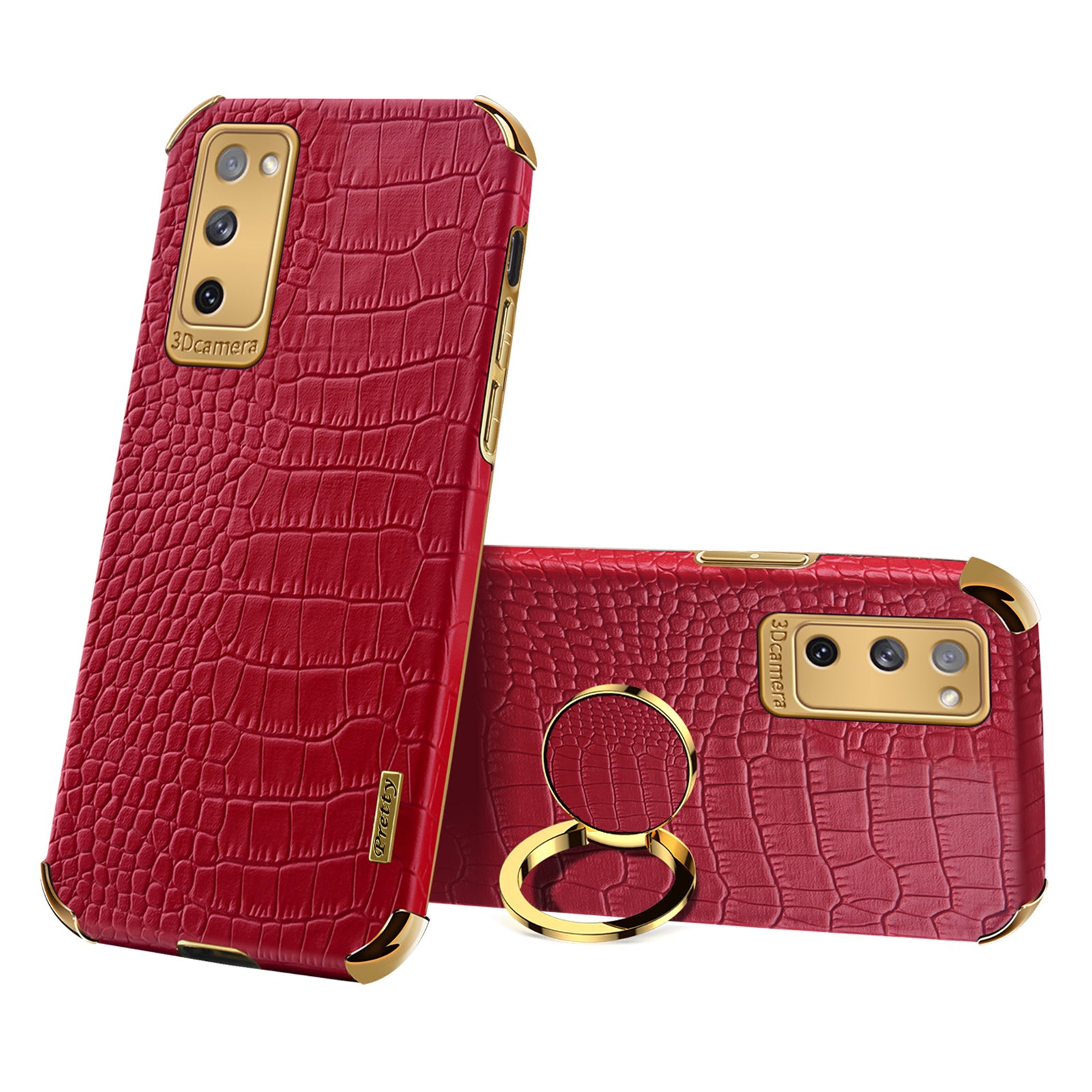 For Samsung Galaxy S20 FE 2022/S20 FE/S20 FE 5G/S20 Lite Crocodile Texture 6D Electroplated PU Leather Coated TPU Phone Case Cover with Ring Kickstand - Red