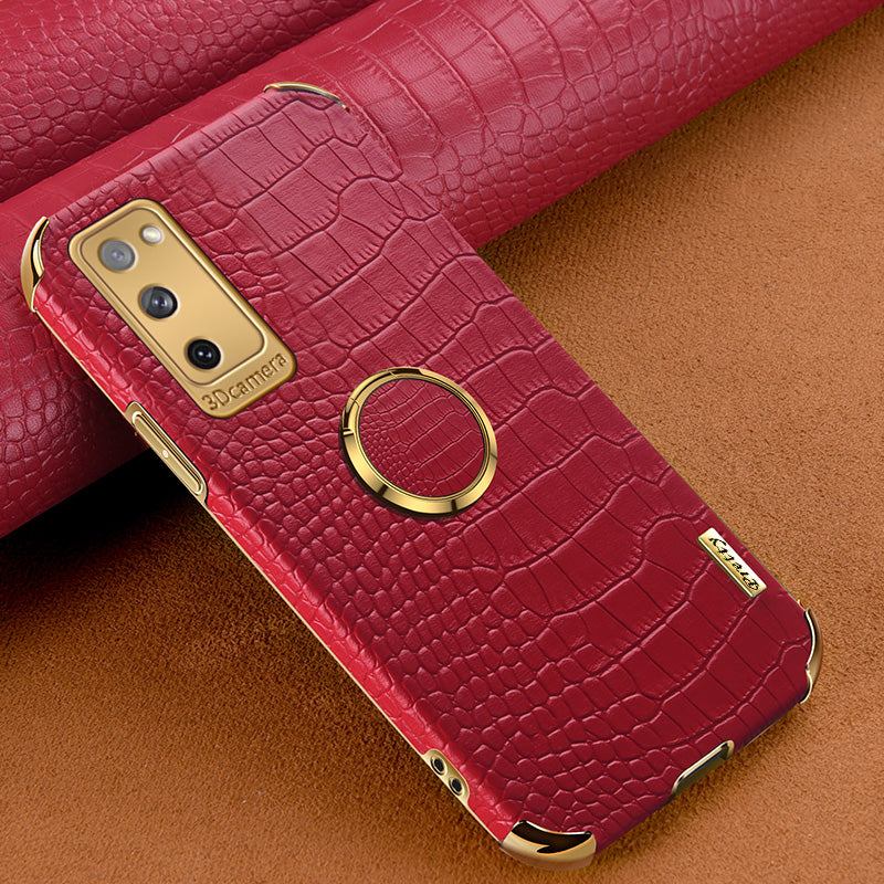 For Samsung Galaxy S20 FE 2022/S20 FE/S20 FE 5G/S20 Lite Crocodile Texture 6D Electroplated PU Leather Coated TPU Phone Case Cover with Ring Kickstand - Red