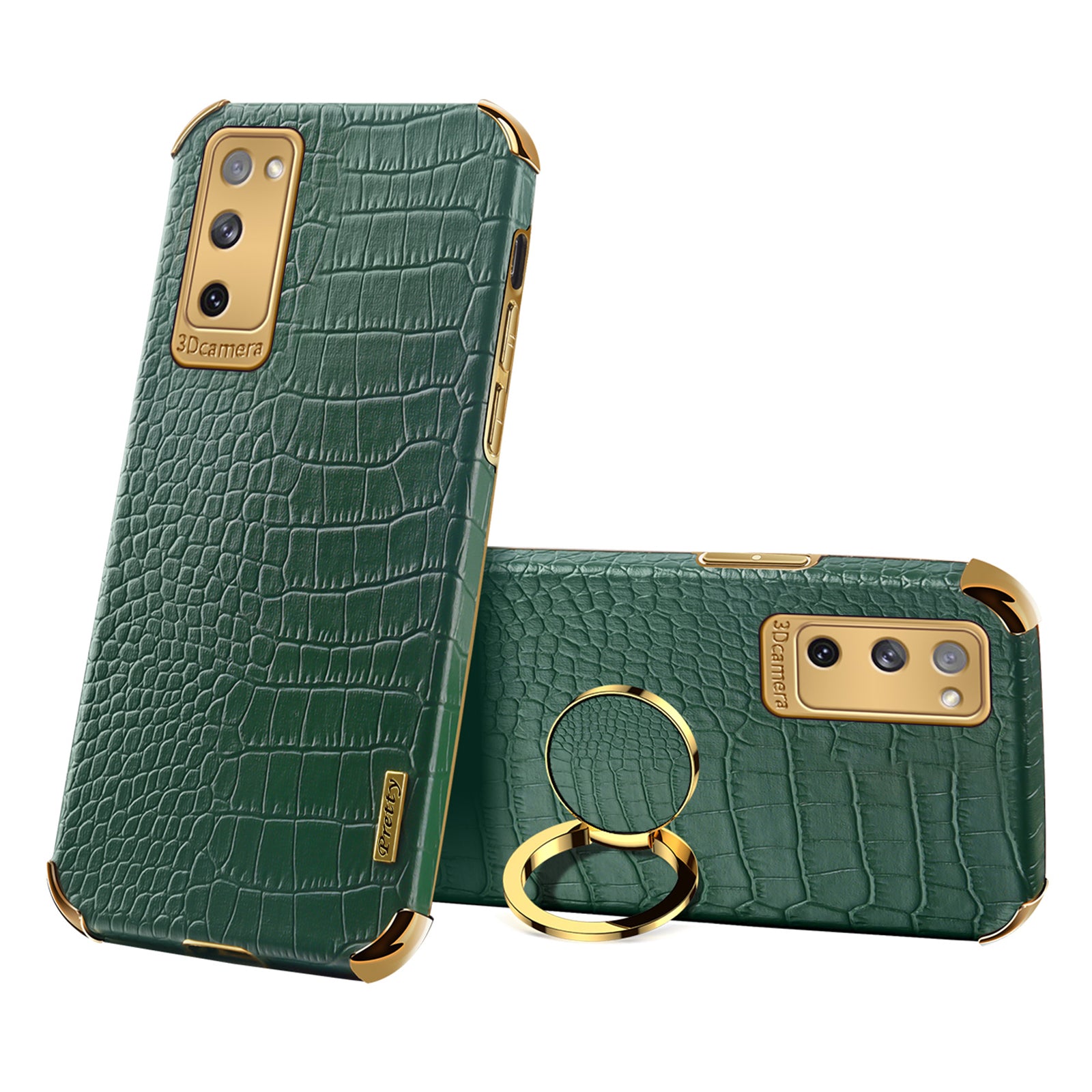 For Samsung Galaxy S20 FE 2022/S20 FE/S20 FE 5G/S20 Lite Crocodile Texture 6D Electroplated PU Leather Coated TPU Phone Case Cover with Ring Kickstand - Green