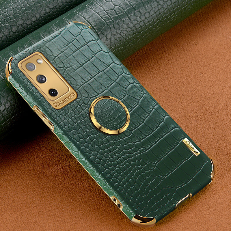 For Samsung Galaxy S20 FE 2022/S20 FE/S20 FE 5G/S20 Lite Crocodile Texture 6D Electroplated PU Leather Coated TPU Phone Case Cover with Ring Kickstand - Green