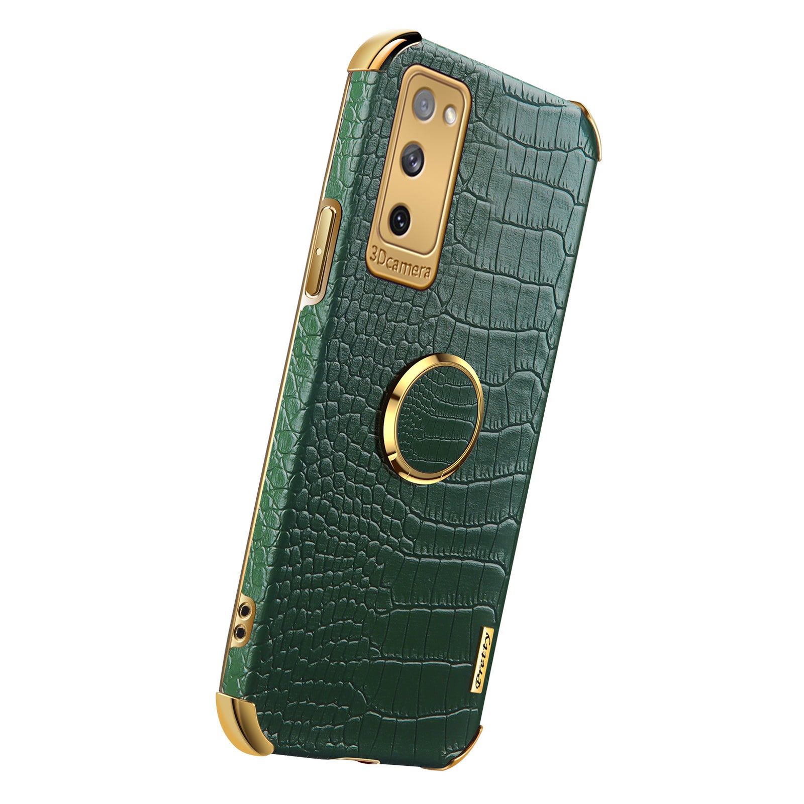 For Samsung Galaxy S20 FE 2022/S20 FE/S20 FE 5G/S20 Lite Crocodile Texture 6D Electroplated PU Leather Coated TPU Phone Case Cover with Ring Kickstand - Green