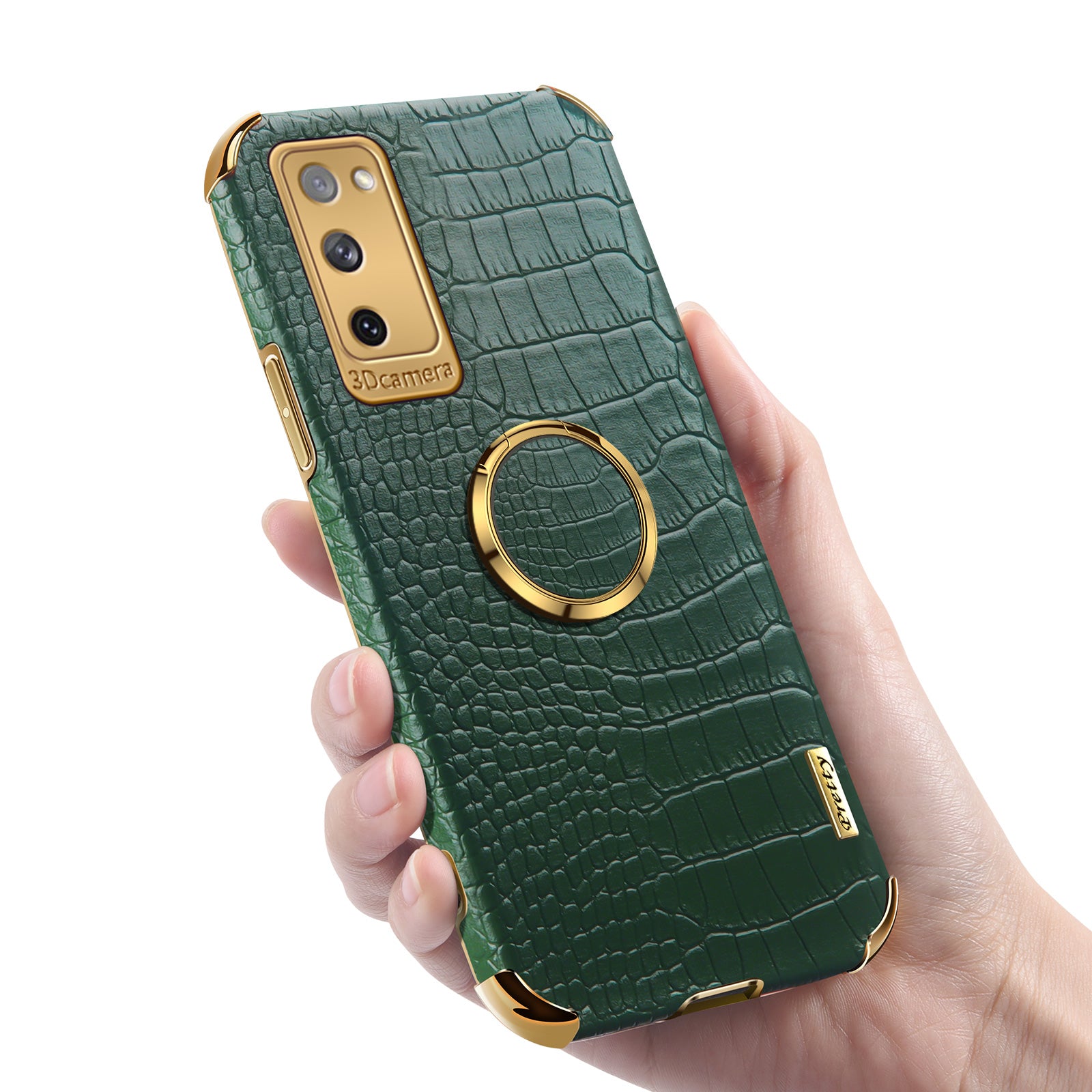 For Samsung Galaxy S20 FE 2022/S20 FE/S20 FE 5G/S20 Lite Crocodile Texture 6D Electroplated PU Leather Coated TPU Phone Case Cover with Ring Kickstand - Green