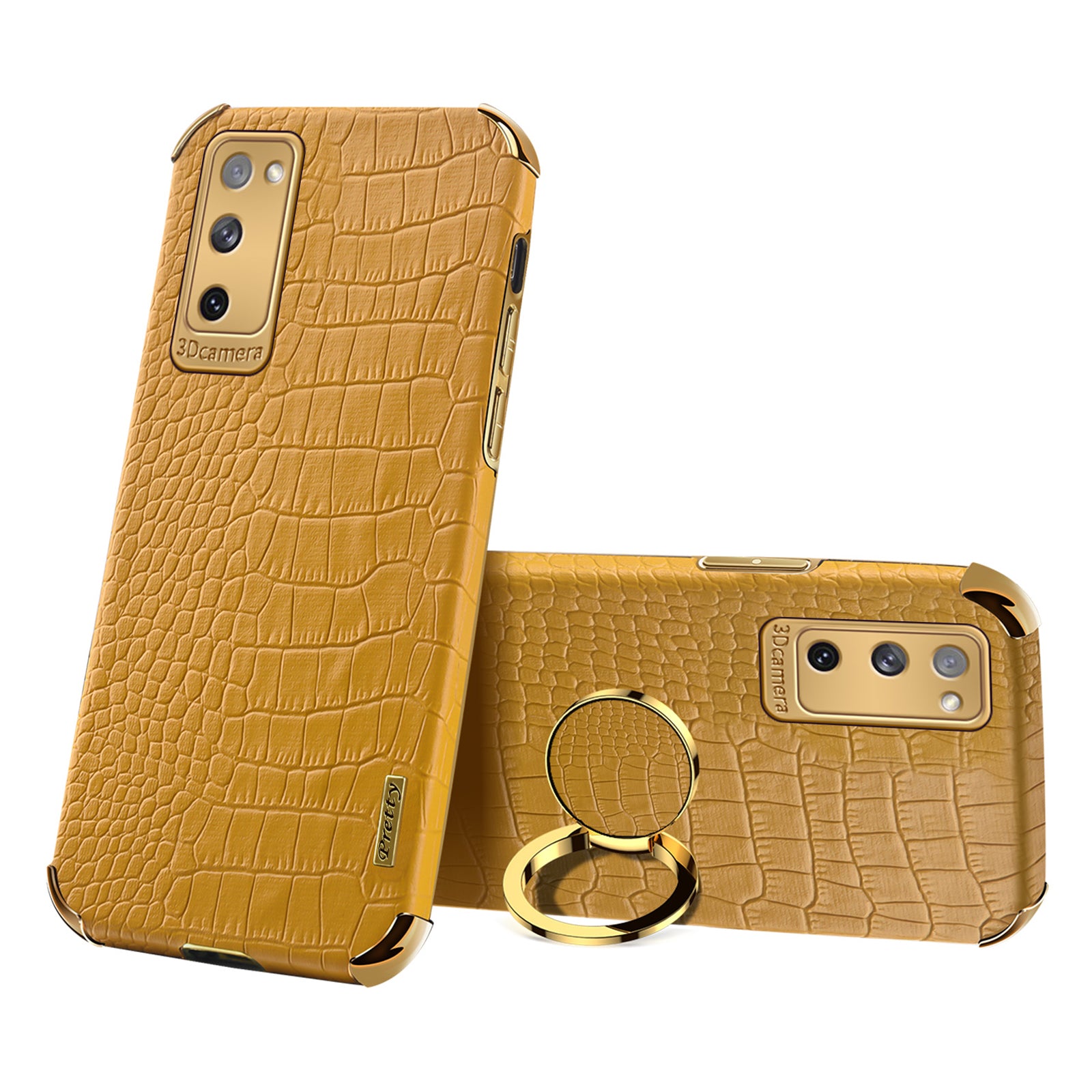 For Samsung Galaxy S20 FE 2022/S20 FE/S20 FE 5G/S20 Lite Crocodile Texture 6D Electroplated PU Leather Coated TPU Phone Case Cover with Ring Kickstand - Yellow