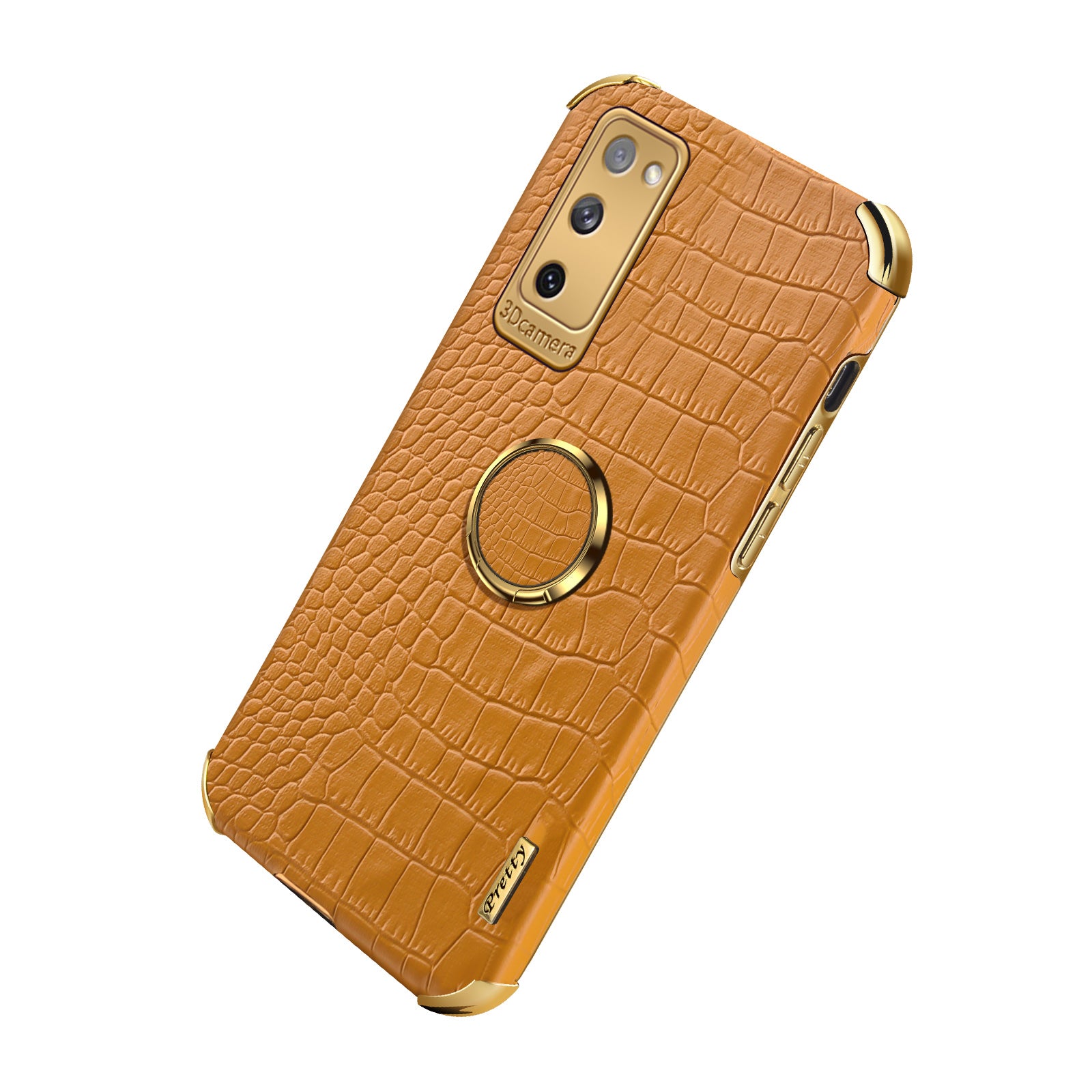 For Samsung Galaxy S20 FE 2022/S20 FE/S20 FE 5G/S20 Lite Crocodile Texture 6D Electroplated PU Leather Coated TPU Phone Case Cover with Ring Kickstand - Yellow