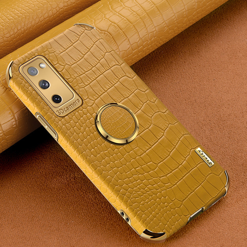 For Samsung Galaxy S20 FE 2022/S20 FE/S20 FE 5G/S20 Lite Crocodile Texture 6D Electroplated PU Leather Coated TPU Phone Case Cover with Ring Kickstand - Yellow