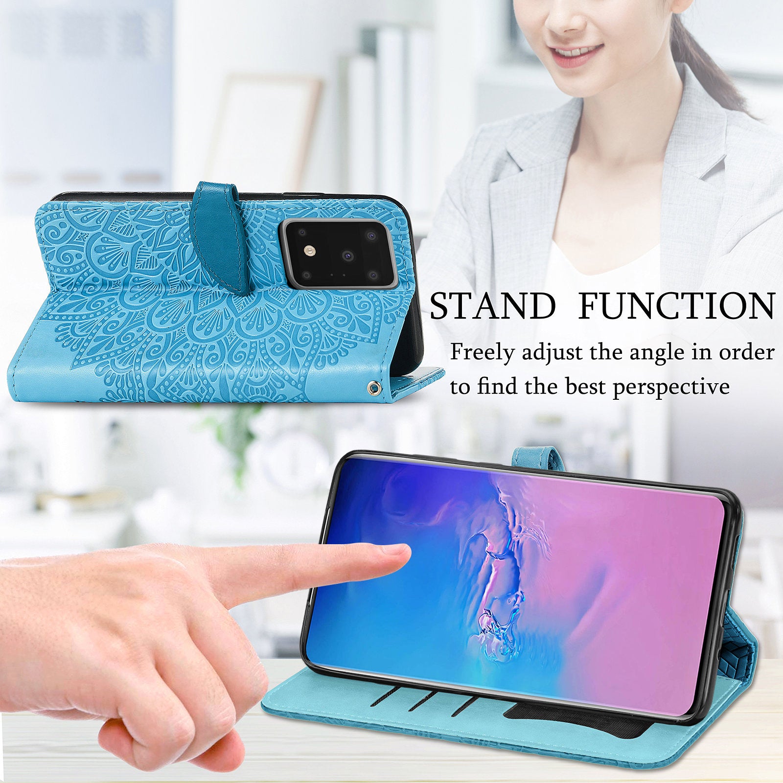 For Samsung Galaxy S20 Ultra Flip Phone Case Imprinted Dream Wings Pattern TPU+PU Leather Folio Stand Function Wallet Phone Cover with Strap - Blue