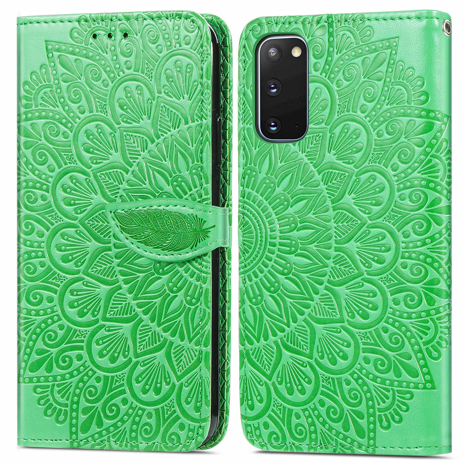 For Samsung Galaxy S20 4G/5G Smartphone Case Bag Stand Design Imprinted Dream Wings Pattern TPU+PU Leather Wallet Flip Cover with Strap - Green