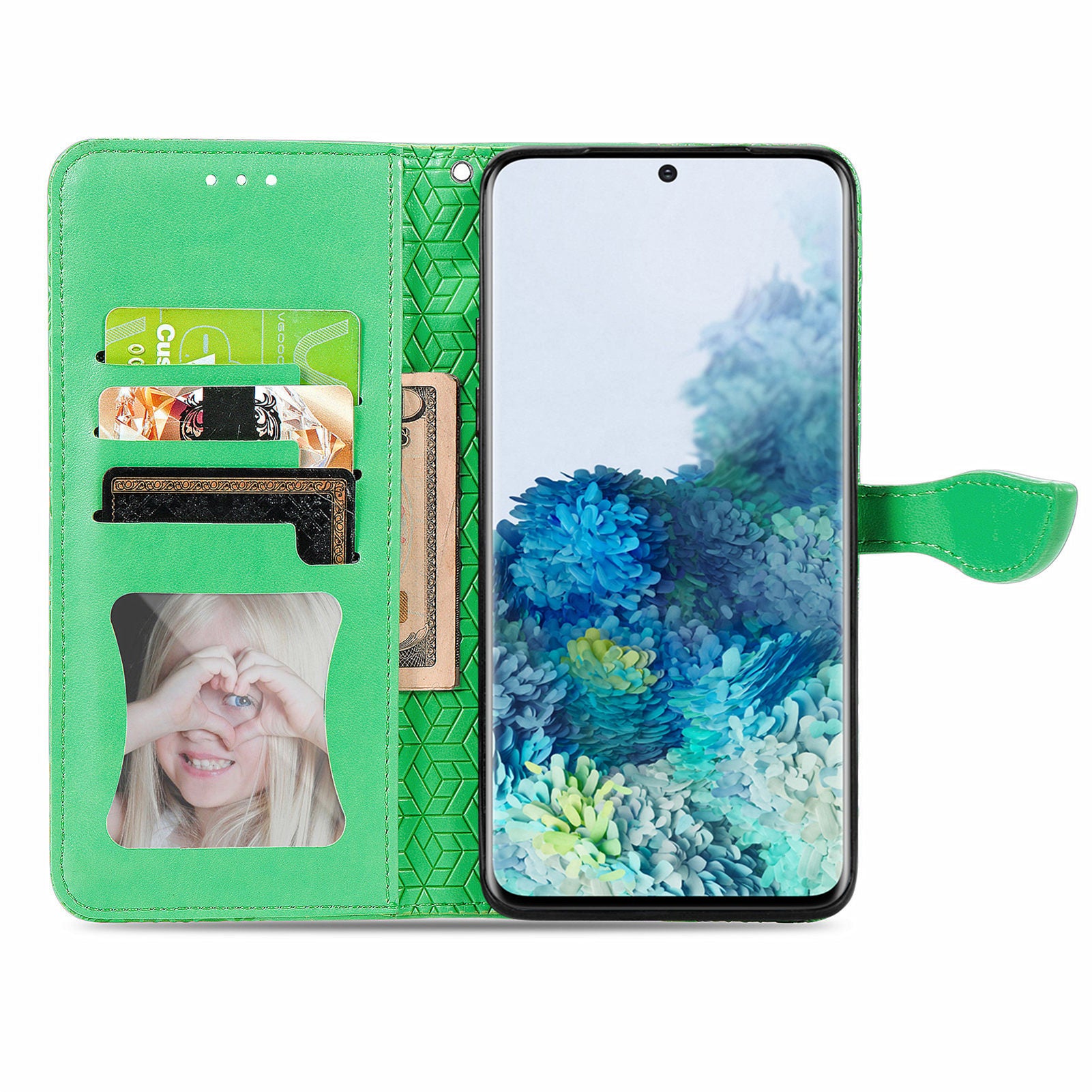 For Samsung Galaxy S20 4G/5G Smartphone Case Bag Stand Design Imprinted Dream Wings Pattern TPU+PU Leather Wallet Flip Cover with Strap - Green