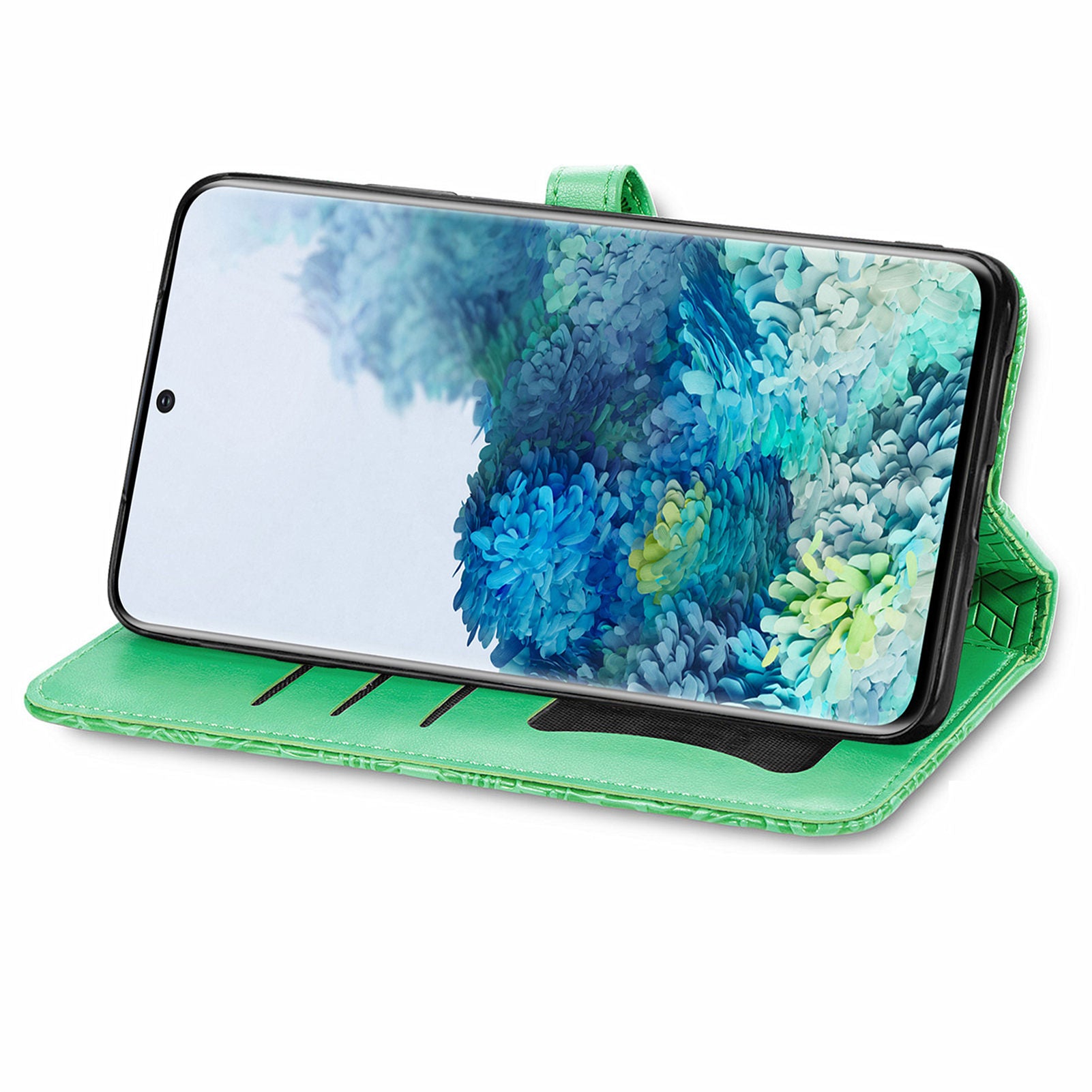 For Samsung Galaxy S20 4G/5G Smartphone Case Bag Stand Design Imprinted Dream Wings Pattern TPU+PU Leather Wallet Flip Cover with Strap - Green