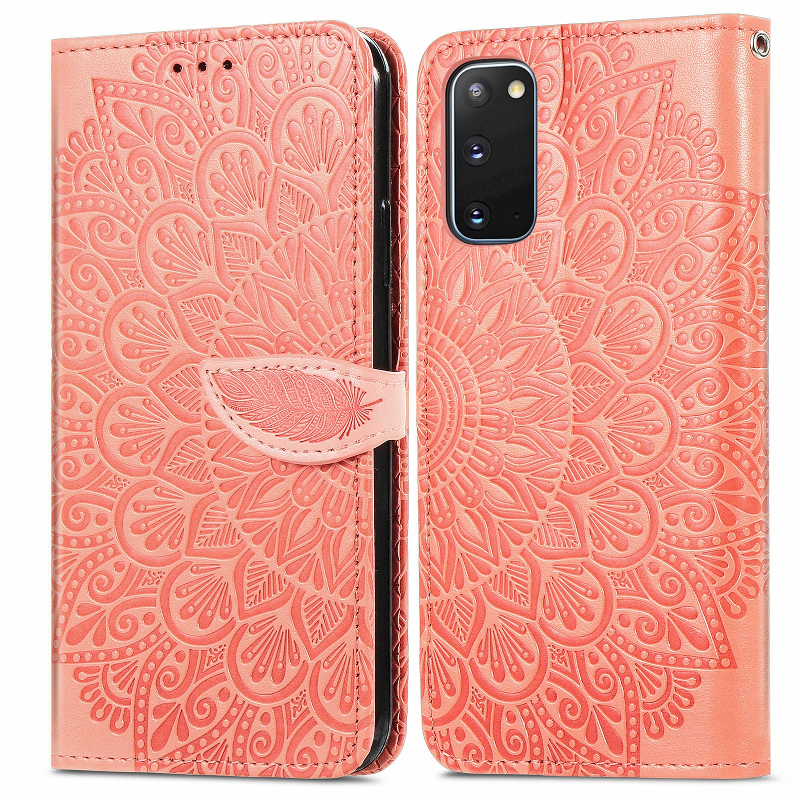 For Samsung Galaxy S20 4G/5G Smartphone Case Bag Stand Design Imprinted Dream Wings Pattern TPU+PU Leather Wallet Flip Cover with Strap - Orange