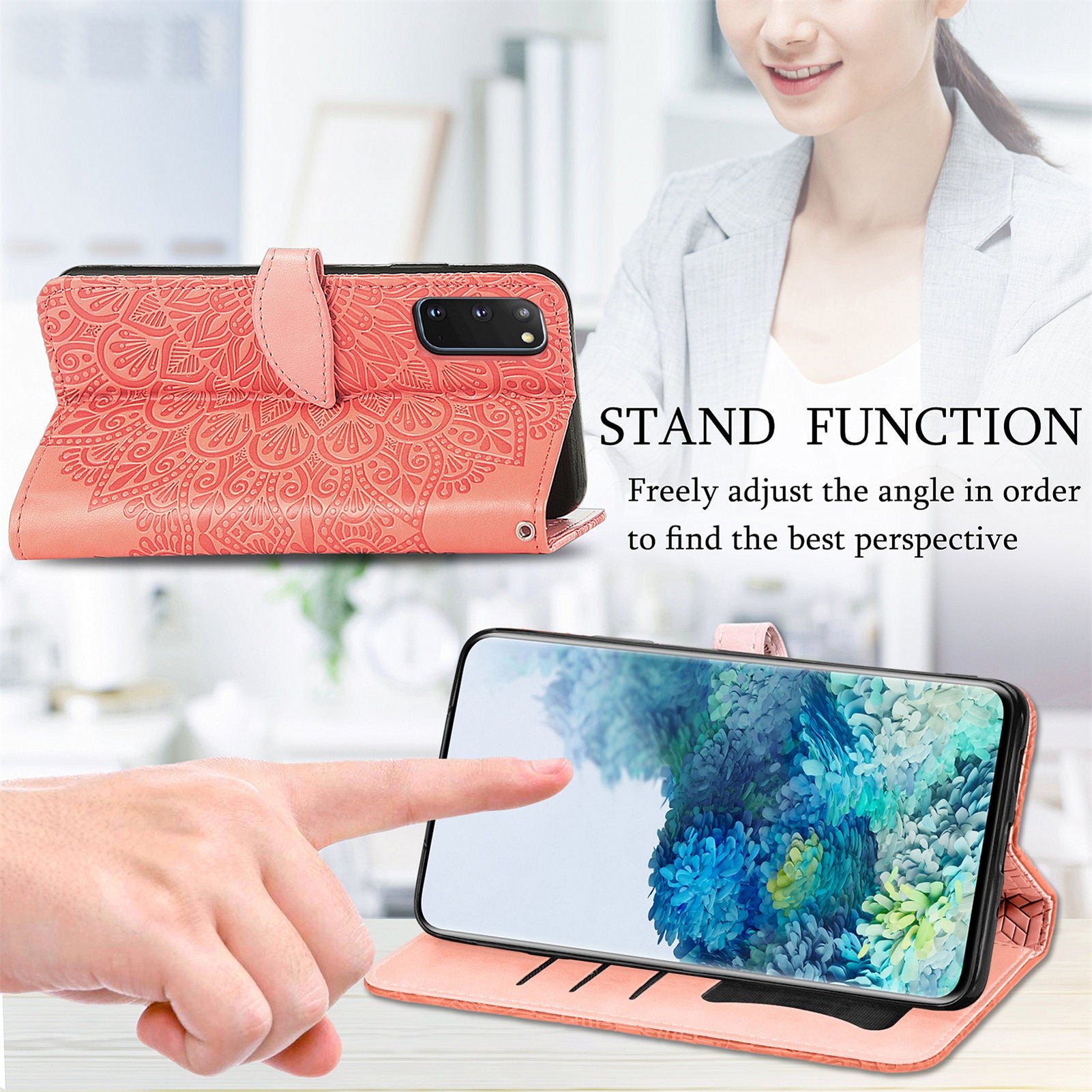 For Samsung Galaxy S20 4G/5G Smartphone Case Bag Stand Design Imprinted Dream Wings Pattern TPU+PU Leather Wallet Flip Cover with Strap - Orange