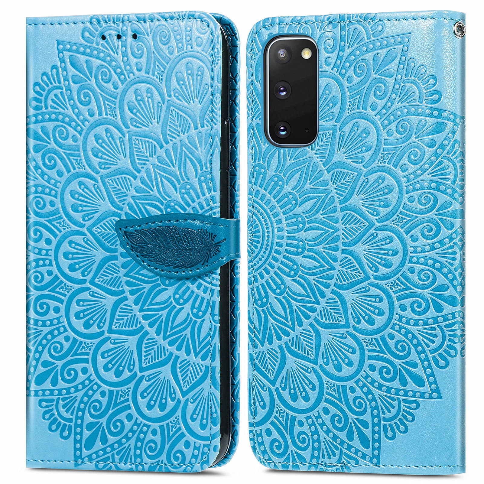 For Samsung Galaxy S20 4G/5G Smartphone Case Bag Stand Design Imprinted Dream Wings Pattern TPU+PU Leather Wallet Flip Cover with Strap - Blue