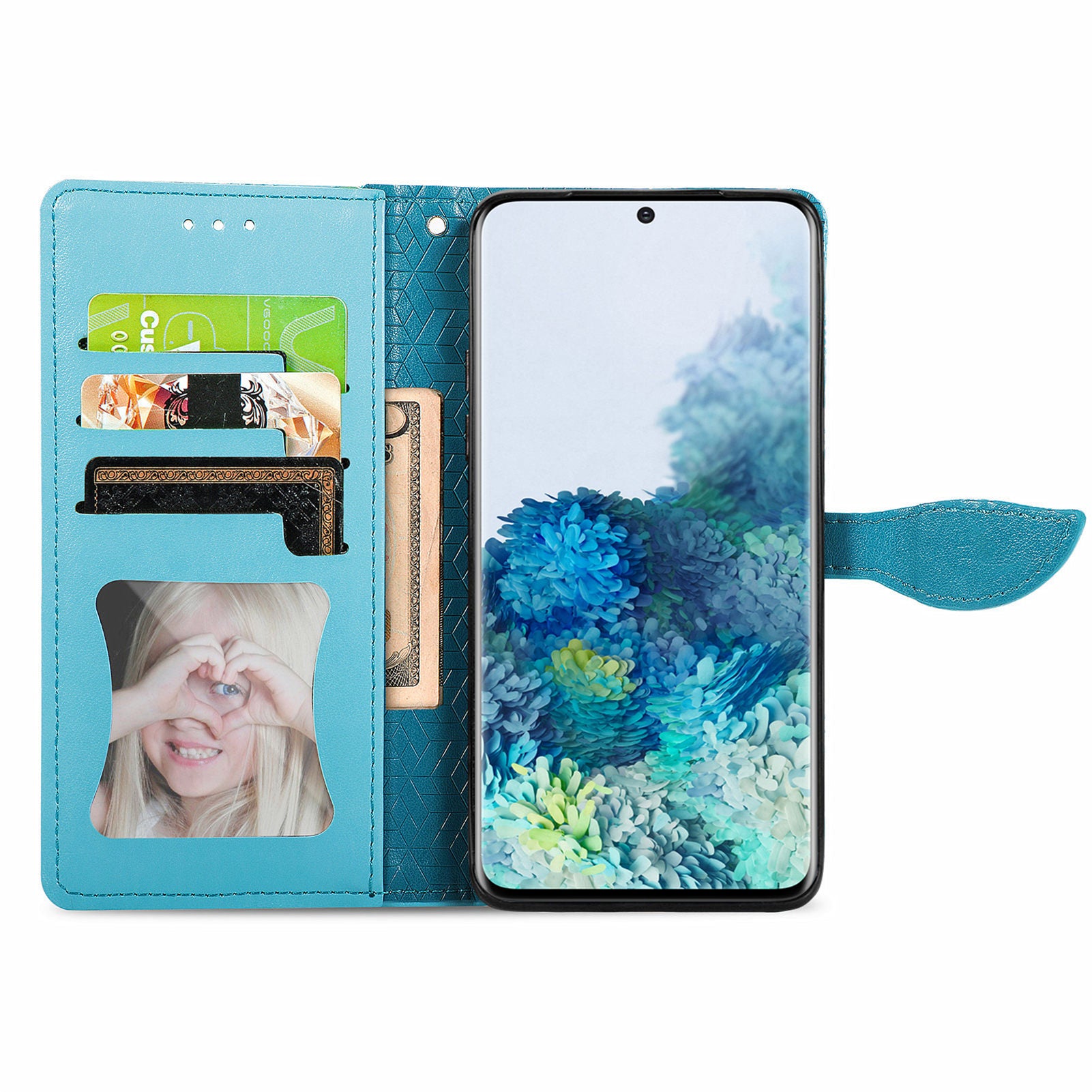 For Samsung Galaxy S20 4G/5G Smartphone Case Bag Stand Design Imprinted Dream Wings Pattern TPU+PU Leather Wallet Flip Cover with Strap - Blue