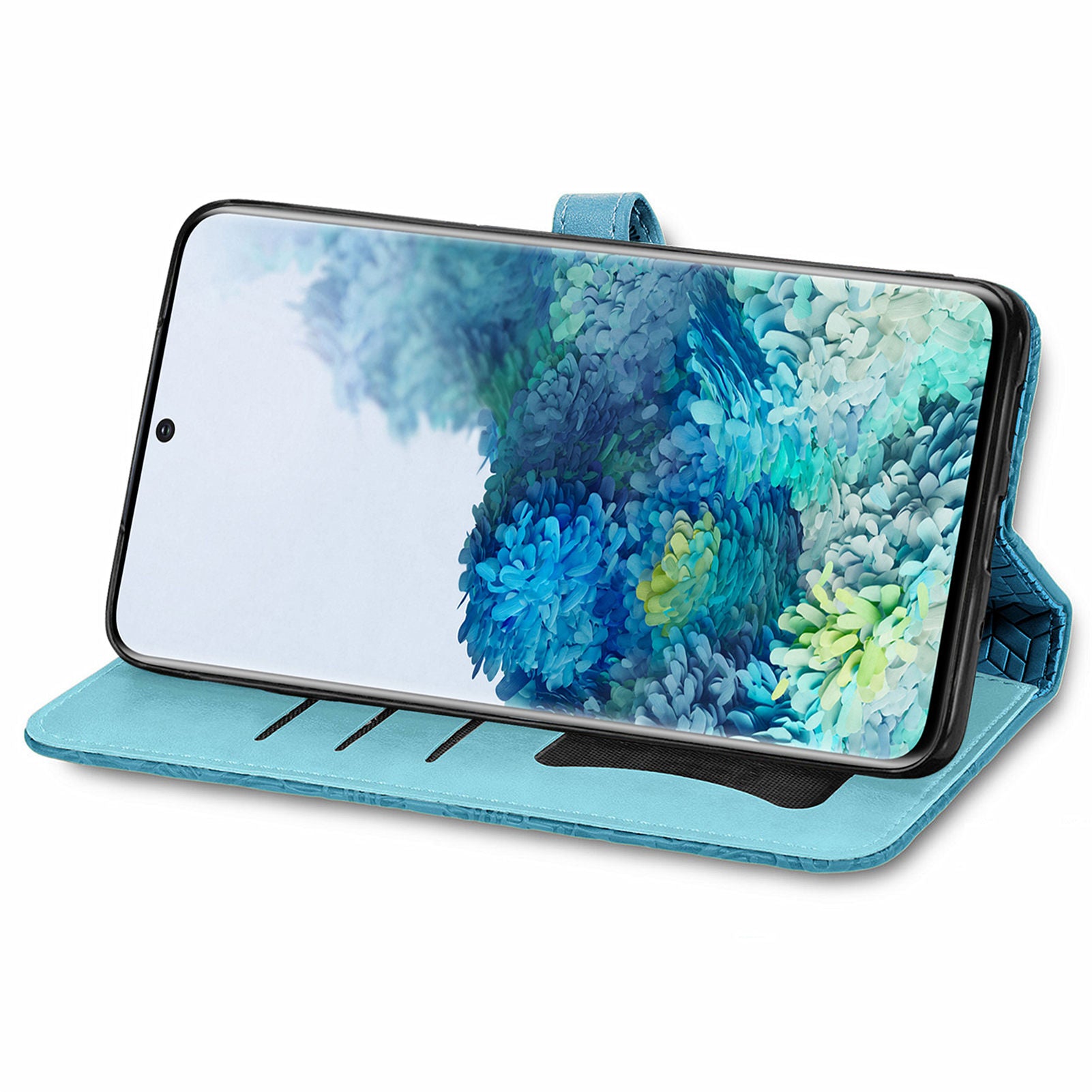 For Samsung Galaxy S20 4G/5G Smartphone Case Bag Stand Design Imprinted Dream Wings Pattern TPU+PU Leather Wallet Flip Cover with Strap - Blue