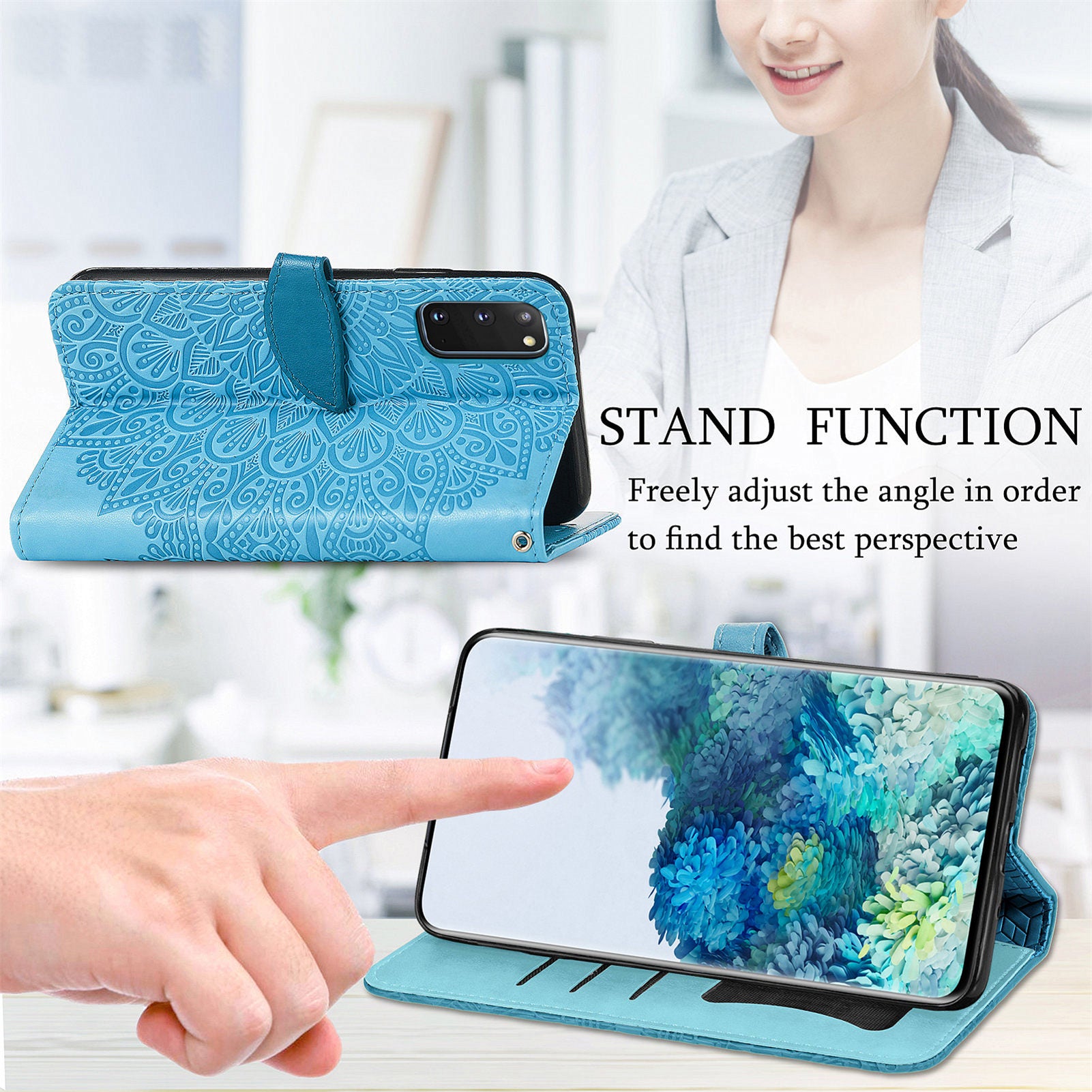 For Samsung Galaxy S20 4G/5G Smartphone Case Bag Stand Design Imprinted Dream Wings Pattern TPU+PU Leather Wallet Flip Cover with Strap - Blue