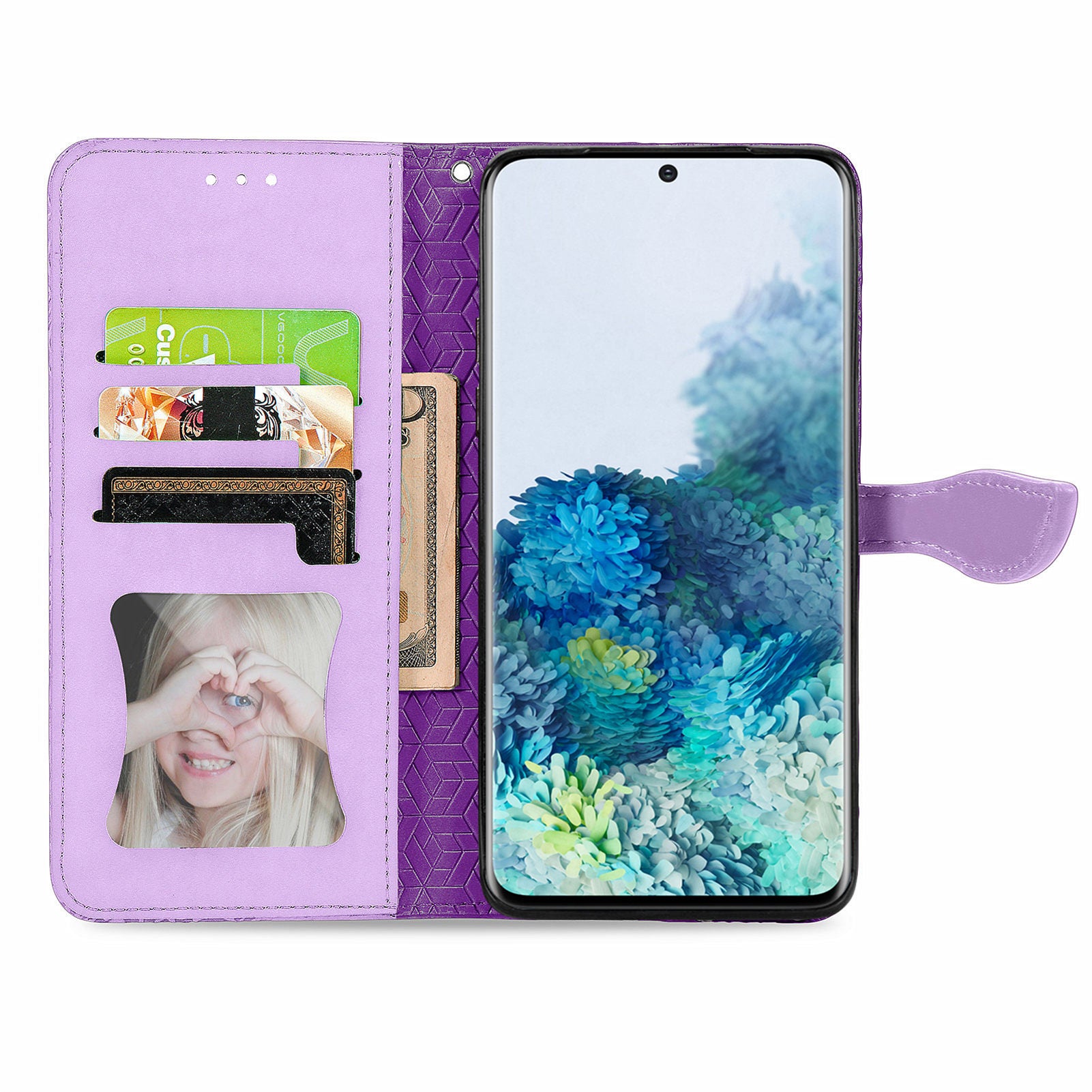 For Samsung Galaxy S20 4G/5G Smartphone Case Bag Stand Design Imprinted Dream Wings Pattern TPU+PU Leather Wallet Flip Cover with Strap - Purple