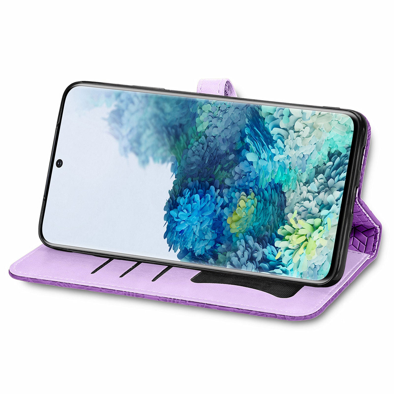 For Samsung Galaxy S20 4G/5G Smartphone Case Bag Stand Design Imprinted Dream Wings Pattern TPU+PU Leather Wallet Flip Cover with Strap - Purple