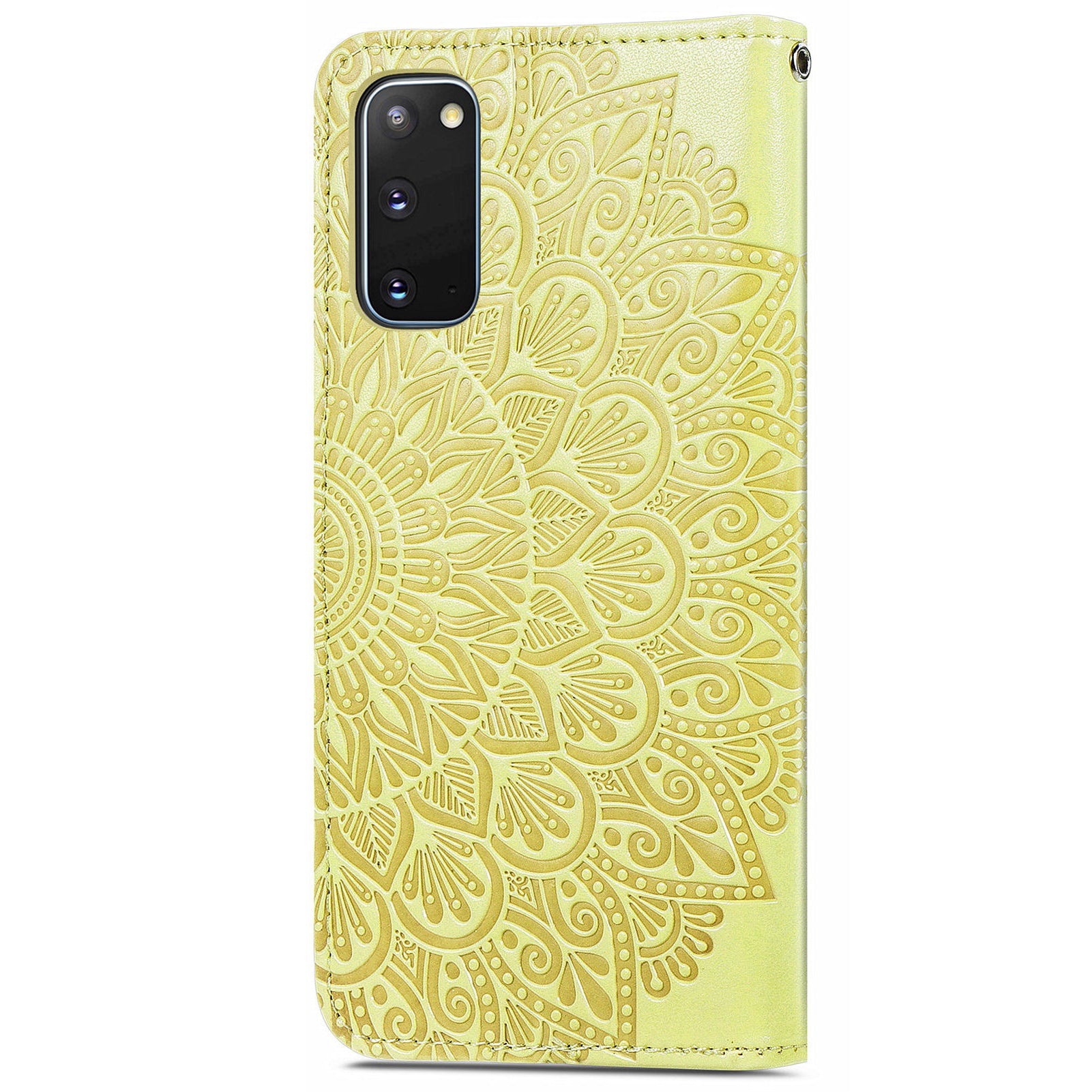 For Samsung Galaxy S20 4G/5G Smartphone Case Bag Stand Design Imprinted Dream Wings Pattern TPU+PU Leather Wallet Flip Cover with Strap - Yellow