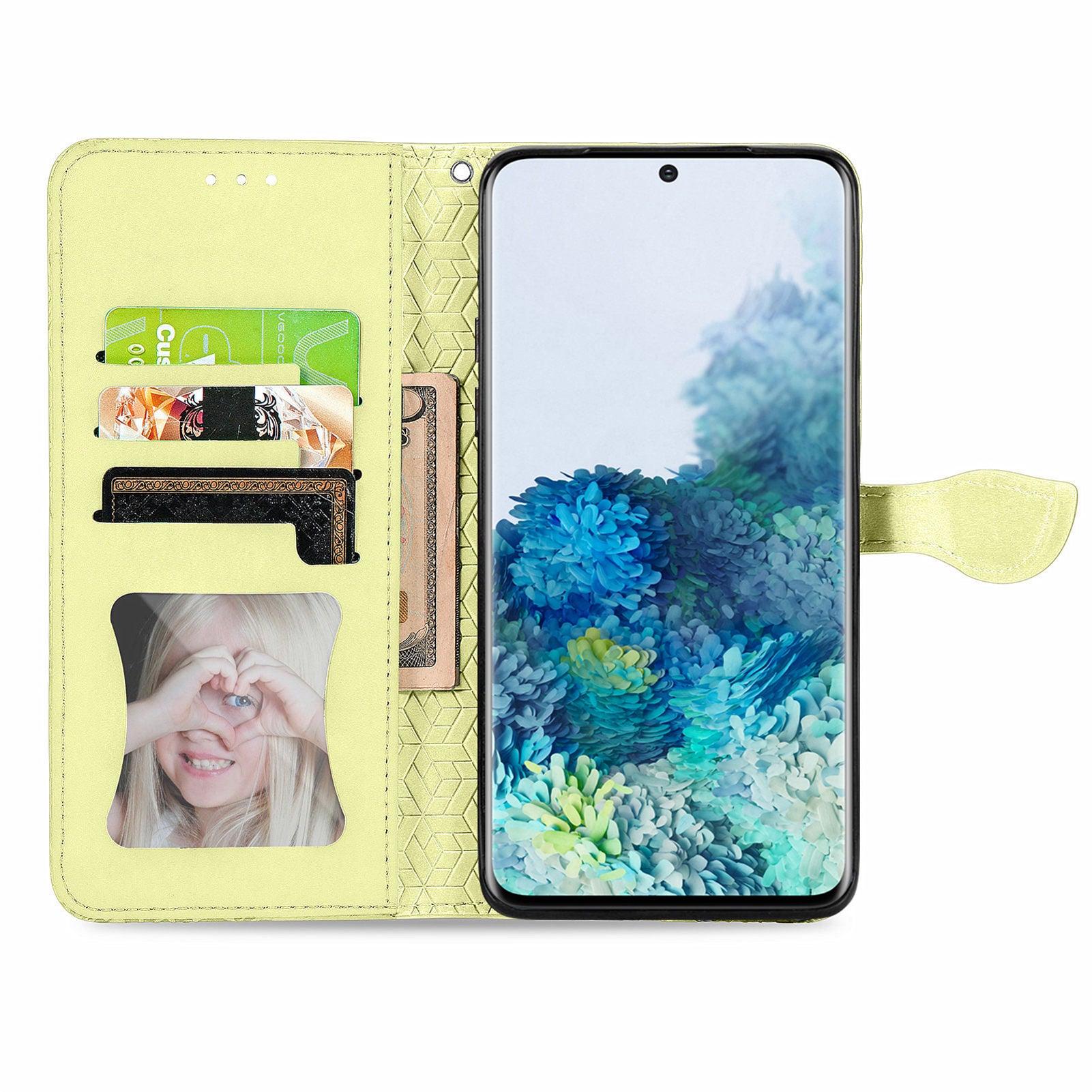 For Samsung Galaxy S20 4G/5G Smartphone Case Bag Stand Design Imprinted Dream Wings Pattern TPU+PU Leather Wallet Flip Cover with Strap - Yellow