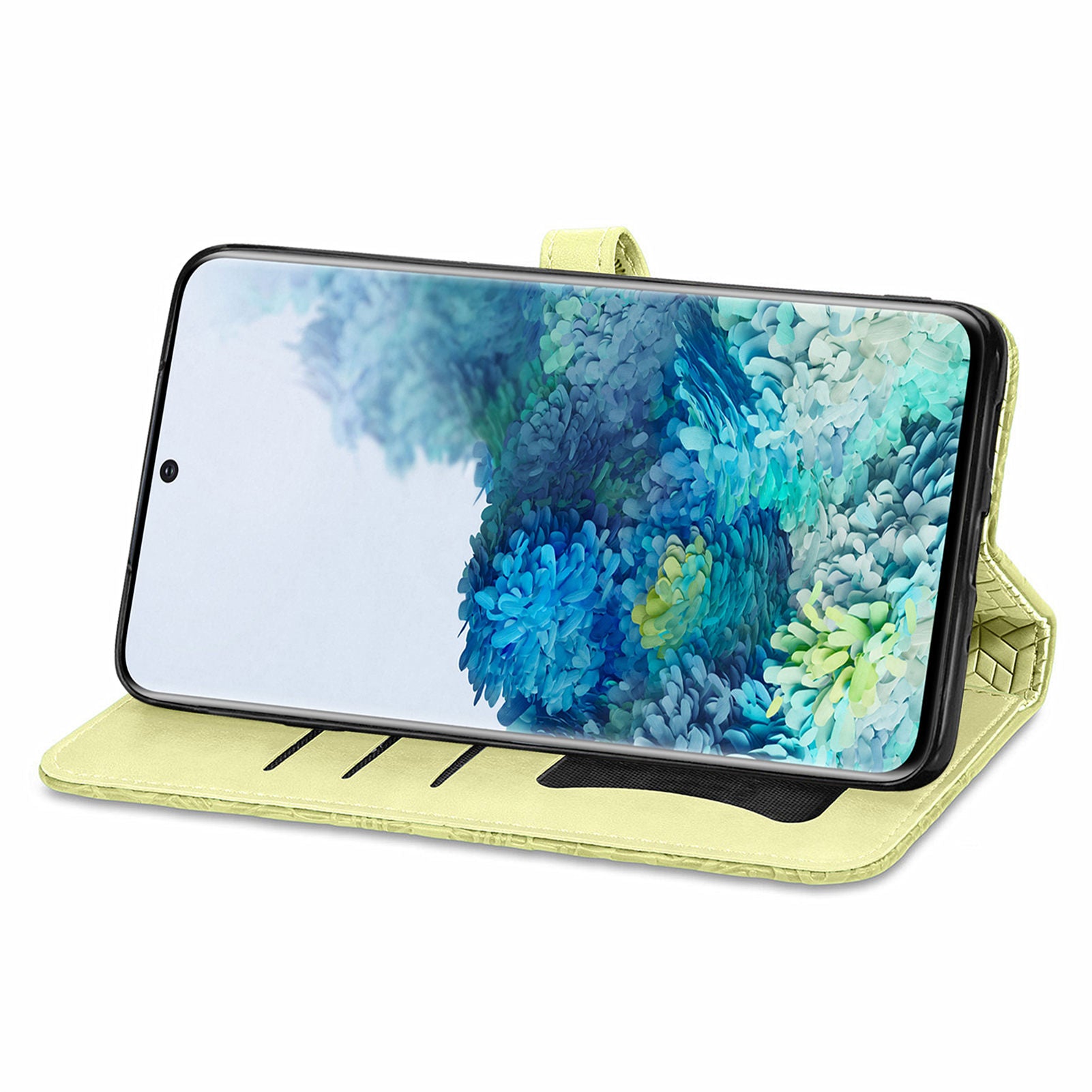 For Samsung Galaxy S20 4G/5G Smartphone Case Bag Stand Design Imprinted Dream Wings Pattern TPU+PU Leather Wallet Flip Cover with Strap - Yellow