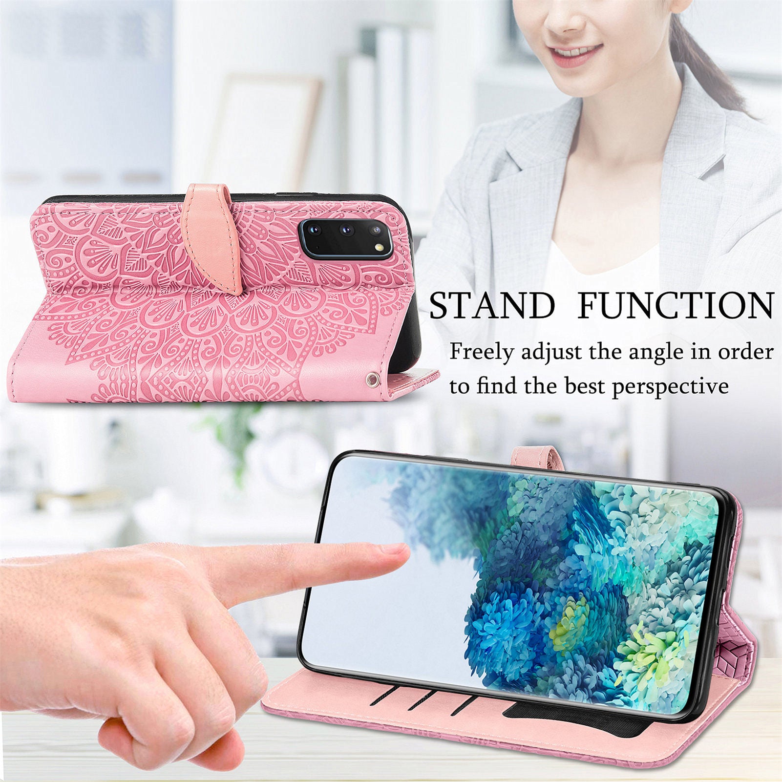 For Samsung Galaxy S20 4G/5G Smartphone Case Bag Stand Design Imprinted Dream Wings Pattern TPU+PU Leather Wallet Flip Cover with Strap - Pink