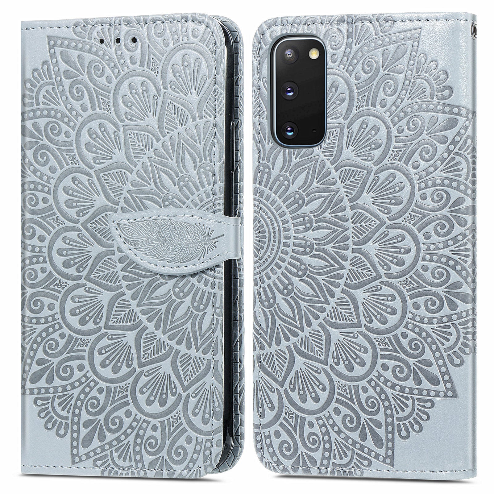 For Samsung Galaxy S20 4G/5G Smartphone Case Bag Stand Design Imprinted Dream Wings Pattern TPU+PU Leather Wallet Flip Cover with Strap - Grey