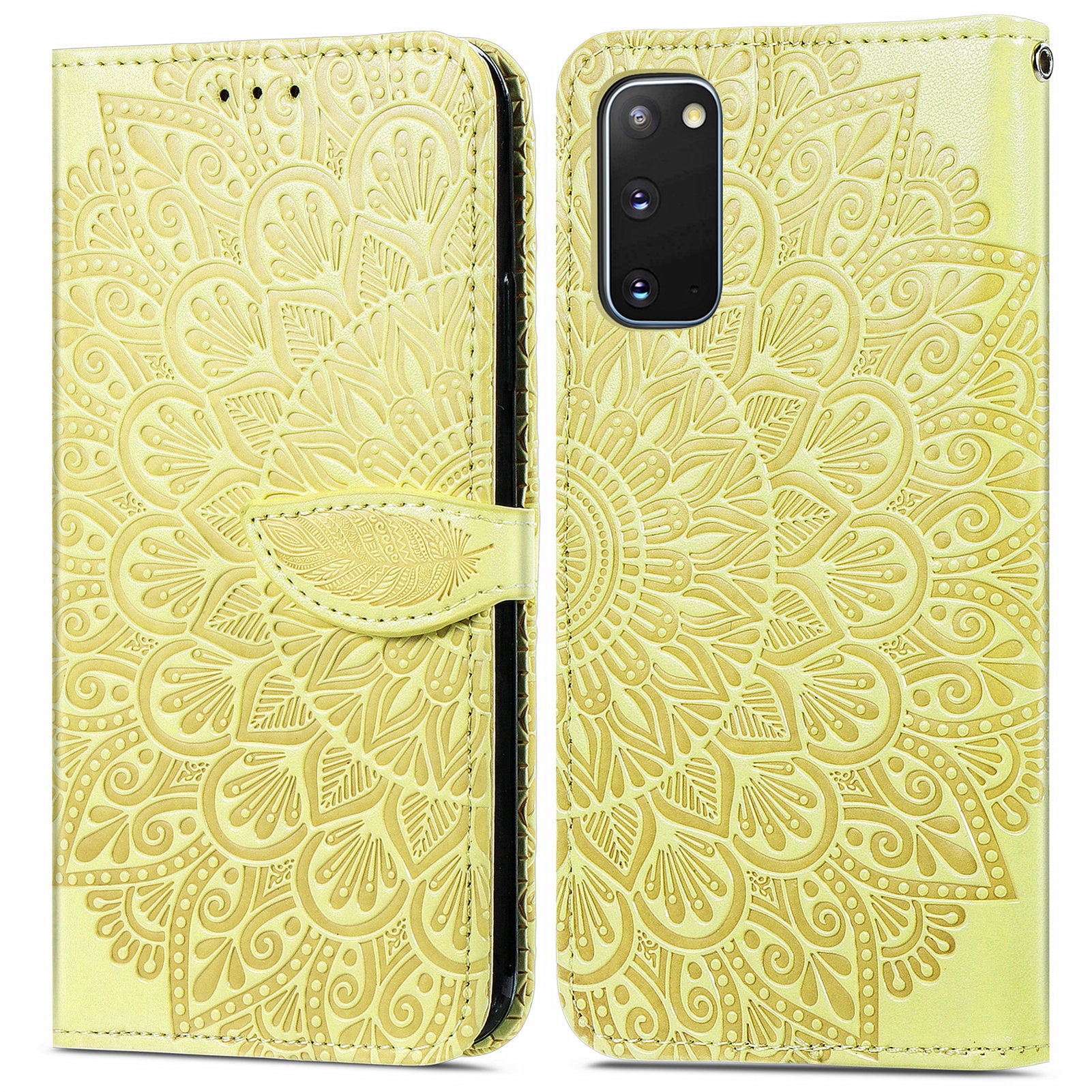 For Samsung Galaxy S20 FE 2022/S20 FE/S20 FE 5G/S20 Lite PU Leather Cell Phone Case Imprinted Dream Wings Pattern Shockproof Stand Wallet Cover with Strap - Yellow