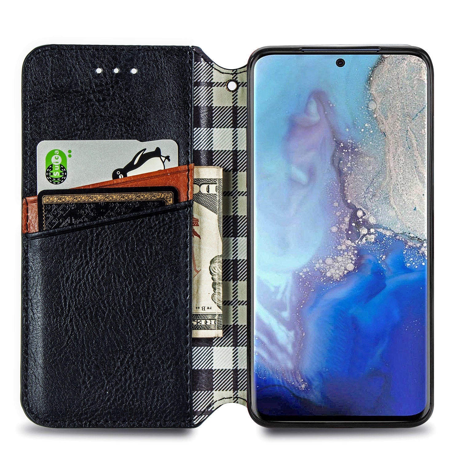 Auto-Absorbed PU Leather Case for Samsung Galaxy S20 Plus/S20 Plus 5G, Rhombus Imprinting Wallet Stand Design Phone Accessory - Black