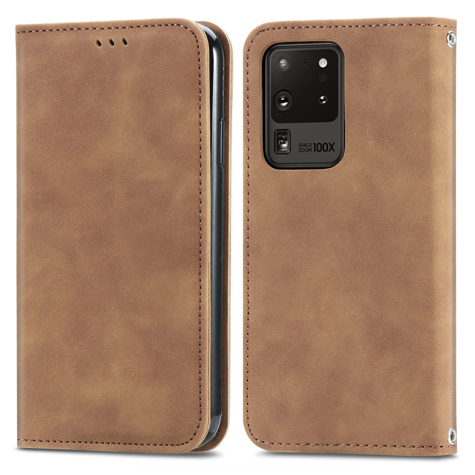 For Samsung Galaxy S20 Ultra Card Slots Retro Skin-touch Feeling Case Auto-absorbed Magnetic Stand Function PU Leather Shell - Brown