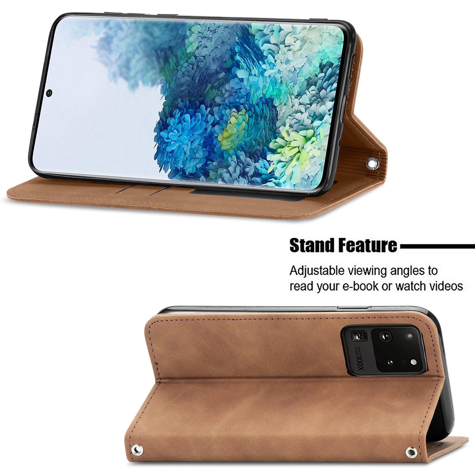 For Samsung Galaxy S20 Ultra Card Slots Retro Skin-touch Feeling Case Auto-absorbed Magnetic Stand Function PU Leather Shell - Brown