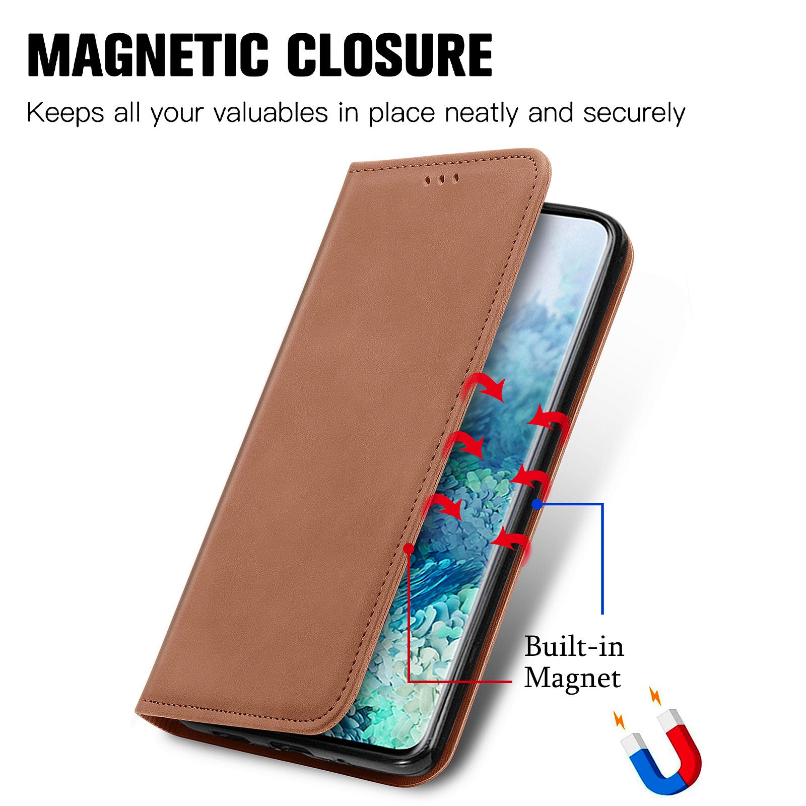 For Samsung Galaxy S20 Ultra Card Slots Retro Skin-touch Feeling Case Auto-absorbed Magnetic Stand Function PU Leather Shell - Brown