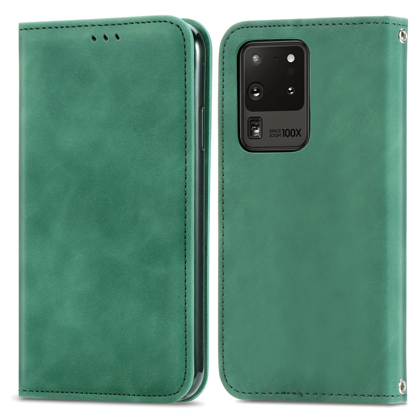 For Samsung Galaxy S20 Ultra Card Slots Retro Skin-touch Feeling Case Auto-absorbed Magnetic Stand Function PU Leather Shell - Green