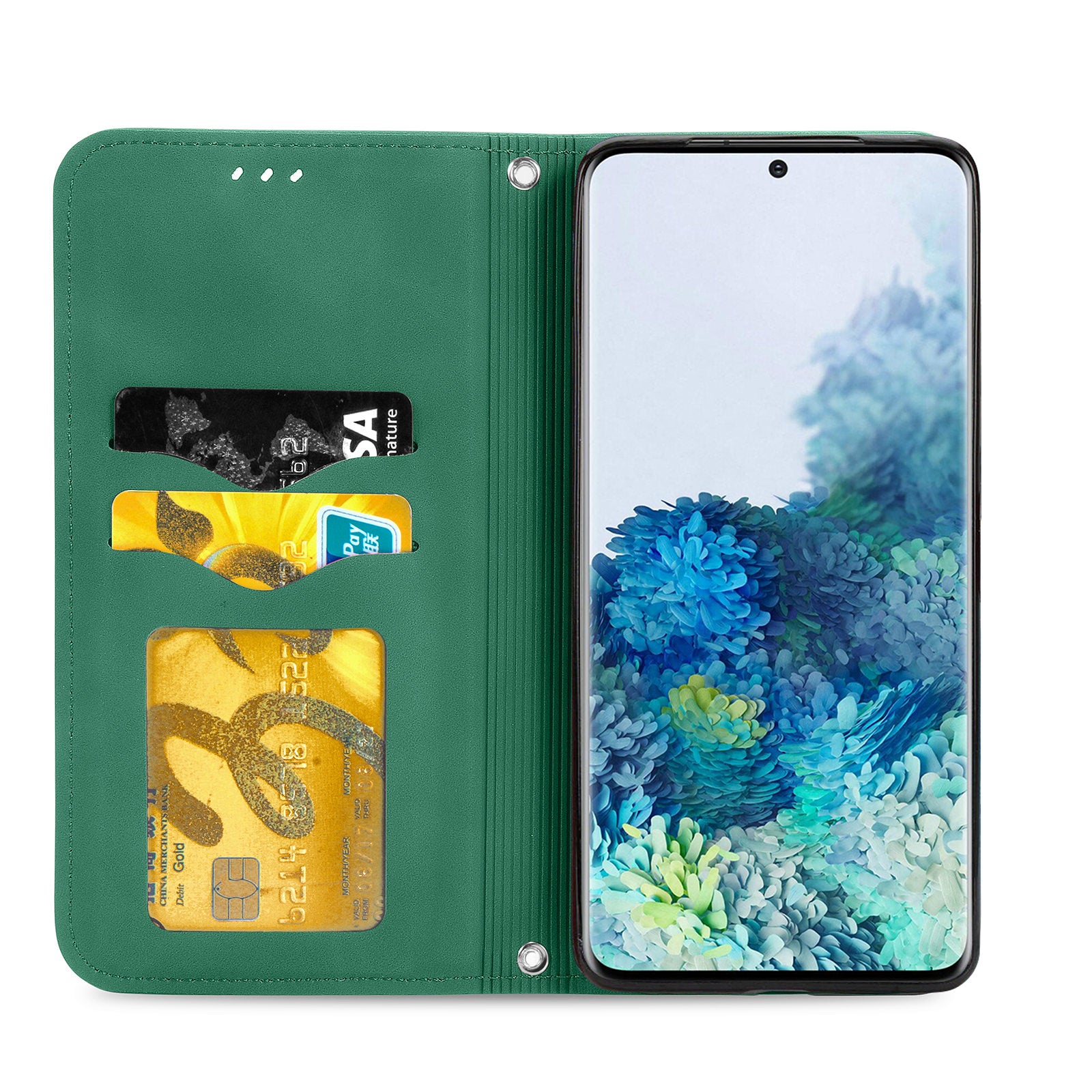 For Samsung Galaxy S20 Ultra Card Slots Retro Skin-touch Feeling Case Auto-absorbed Magnetic Stand Function PU Leather Shell - Green